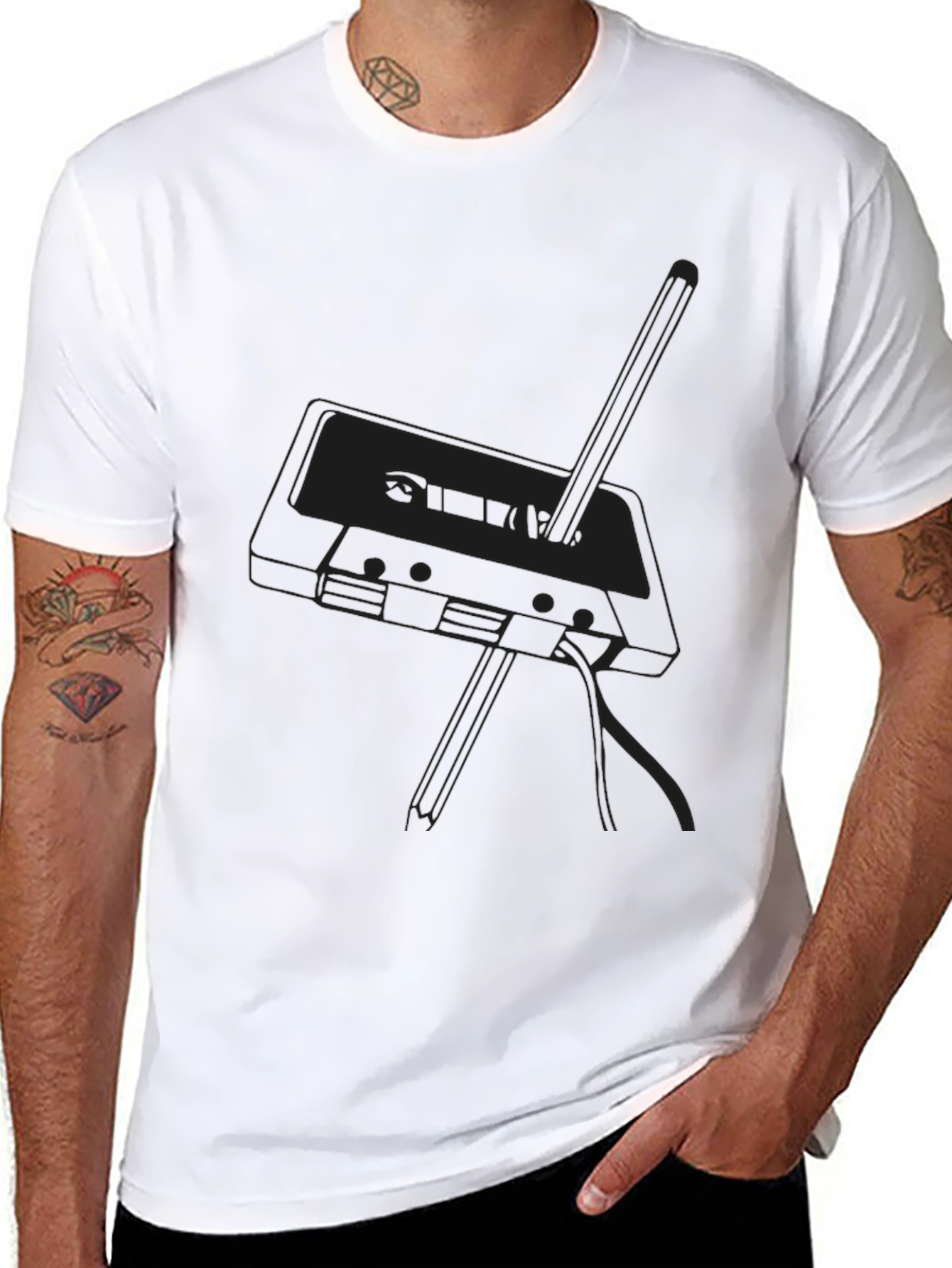 Retro Cassette Tape Graphic Tee - Black Cotton Blend