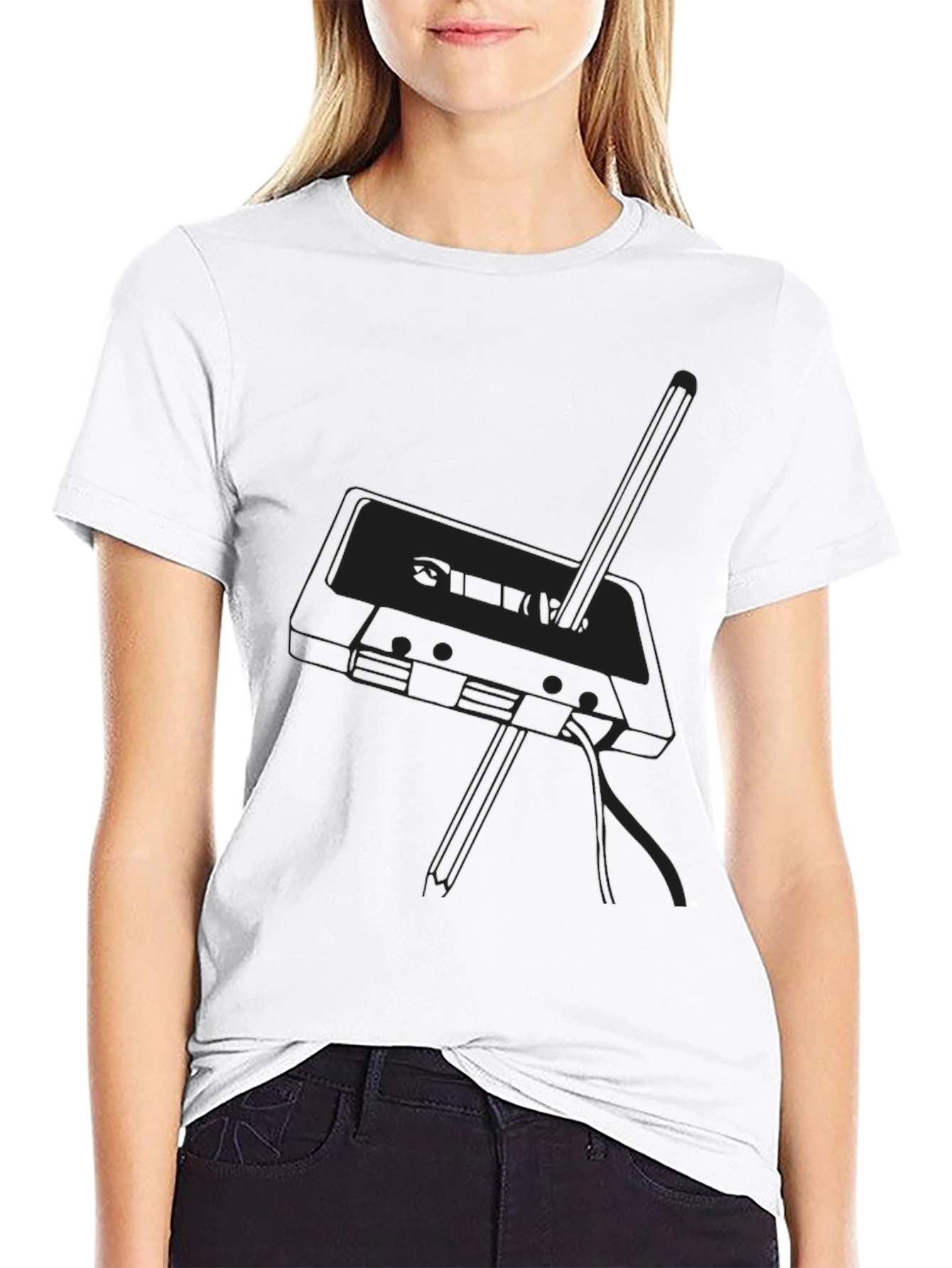 Retro Cassette Tape Graphic Tee - Black Cotton Blend