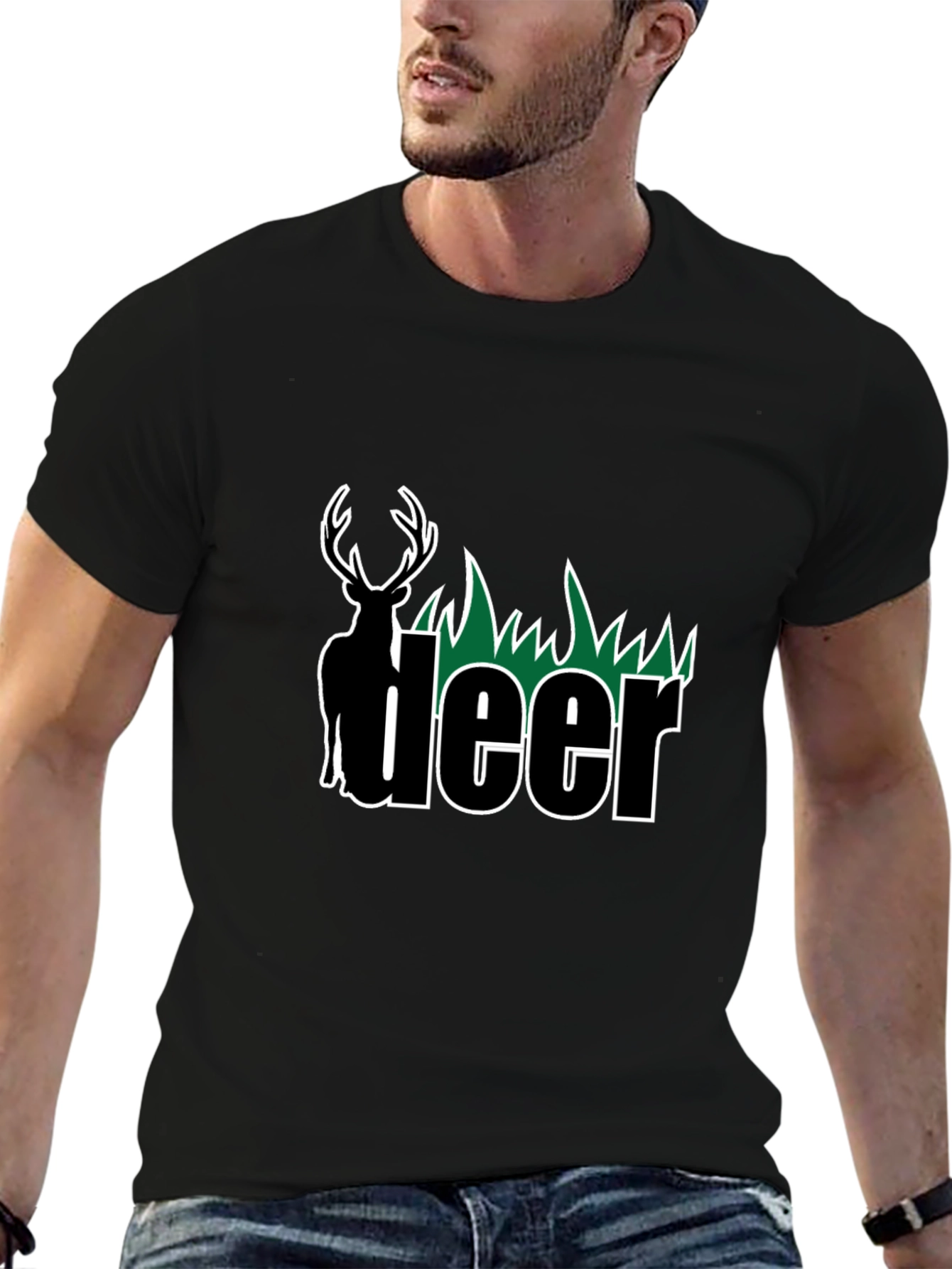 Deer Graphic Tee - Black Cotton Blend T-Shirt