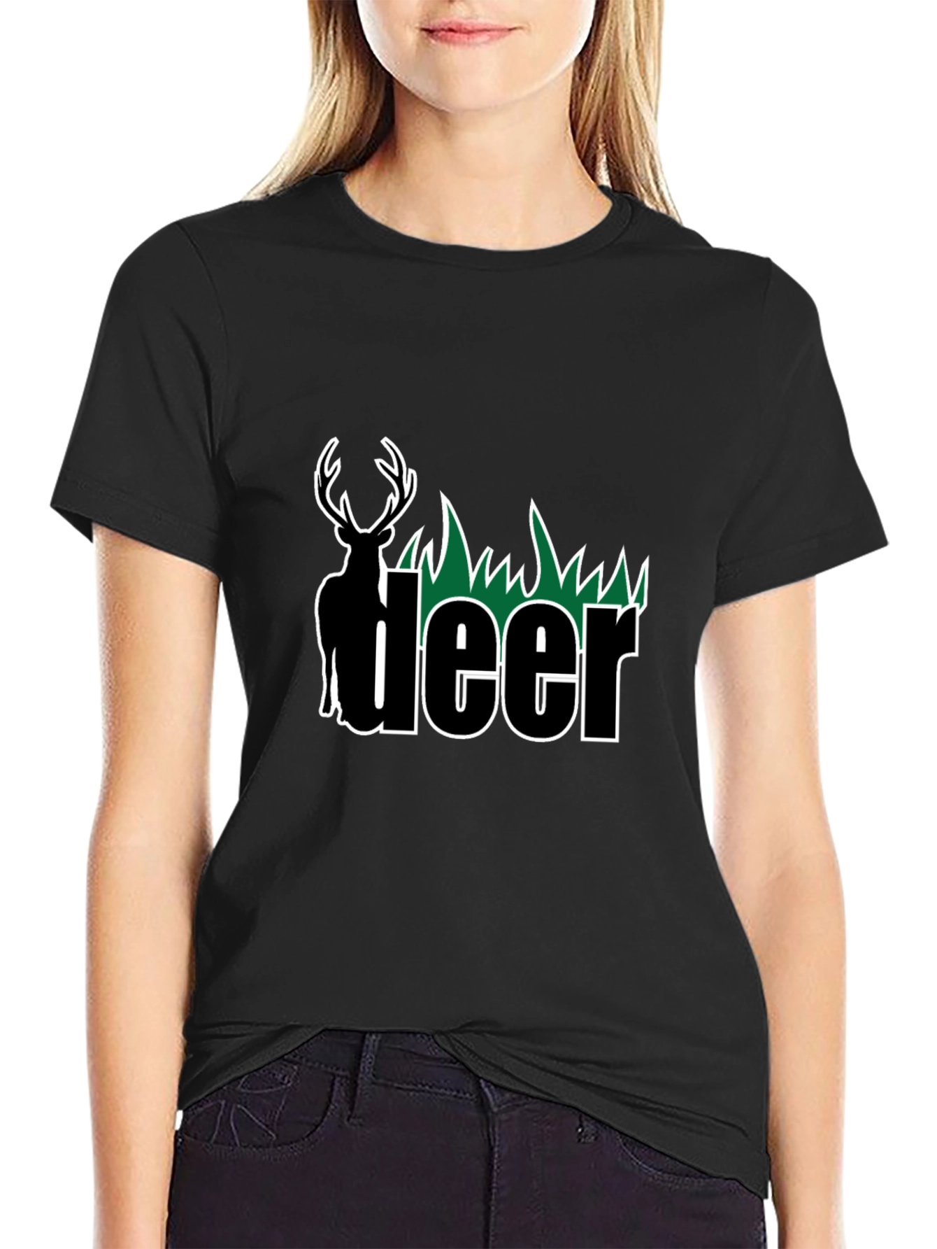 Deer Graphic Tee - Black Cotton Blend T-Shirt