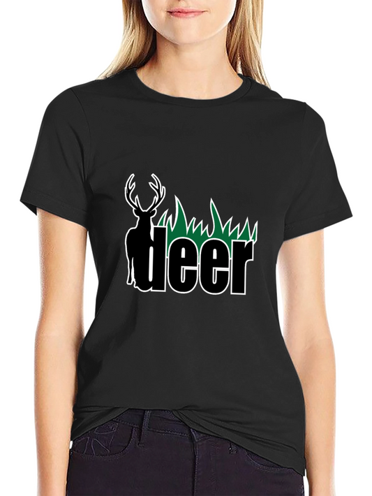Deer Graphic Tee - Black Cotton Blend T-Shirt