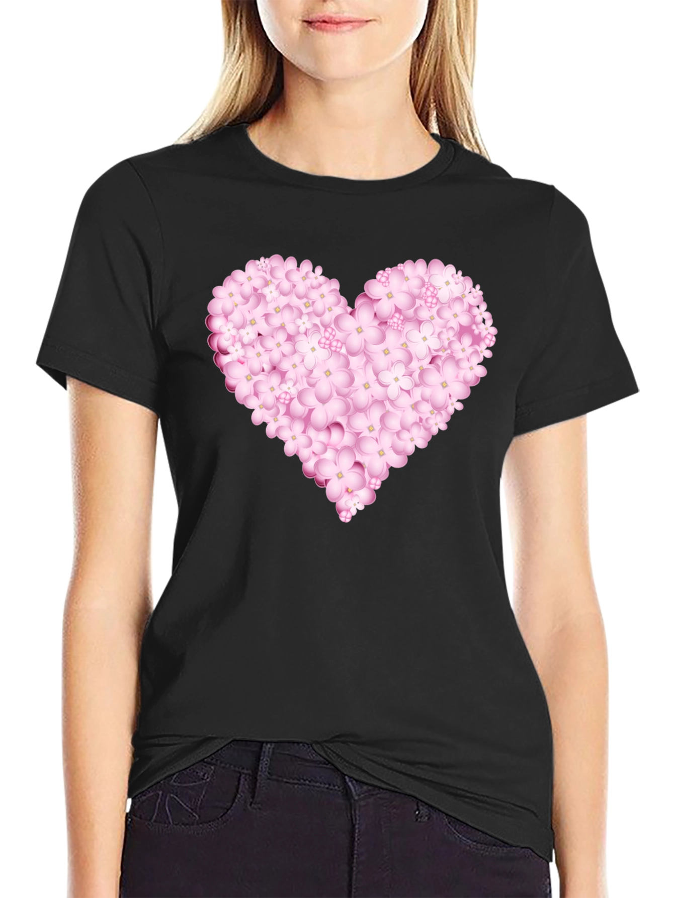 Floral Heart Graphic Black Tee