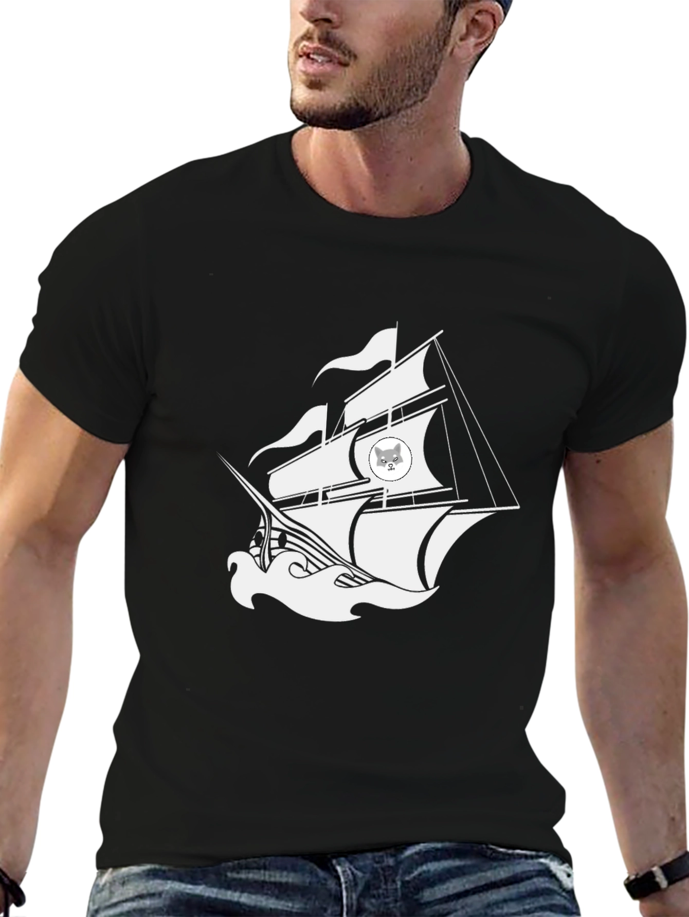 Nautical Cat Ship Graphic Black T-Shirt