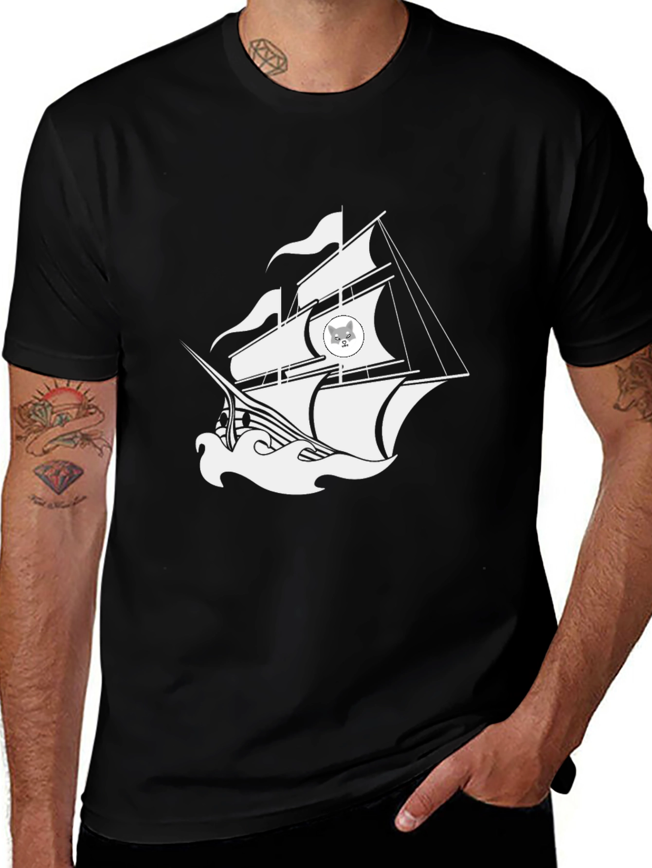 Nautical Cat Ship Graphic Black T-Shirt