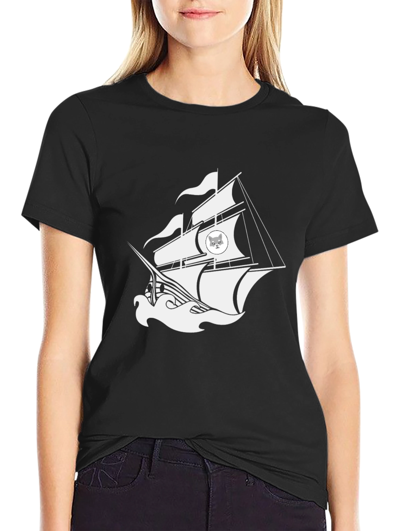 Nautical Cat Ship Graphic Black T-Shirt