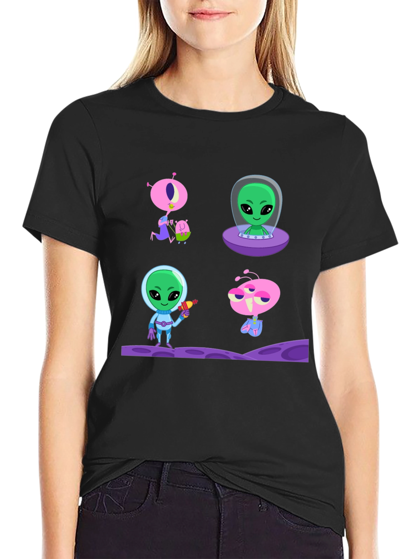 Alien Cartoon Graphic T-Shirt - Black Cotton Tee