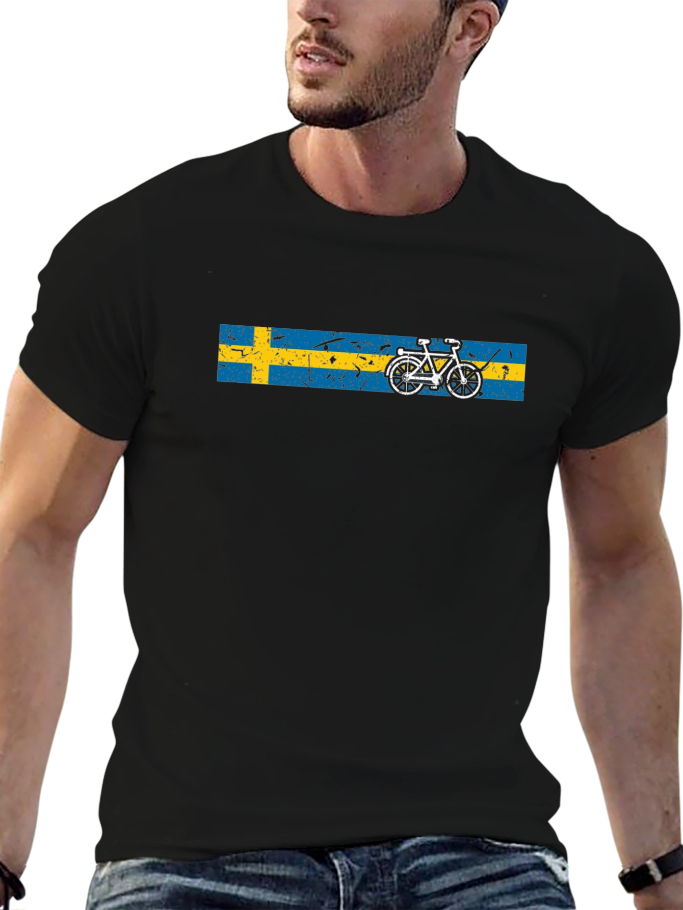 Sweden Flag Bicycle Graphic Black T-Shirt