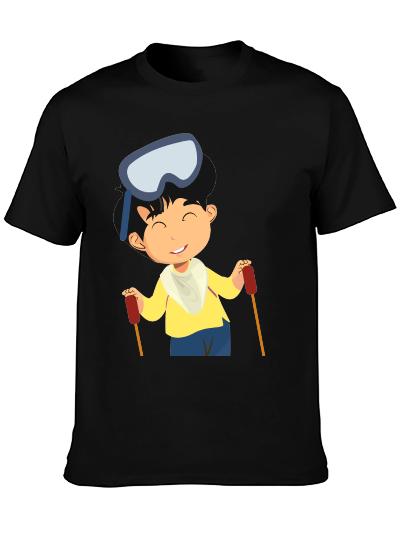 Skiing Boy Graphic Tee - Black Cotton T-Shirt