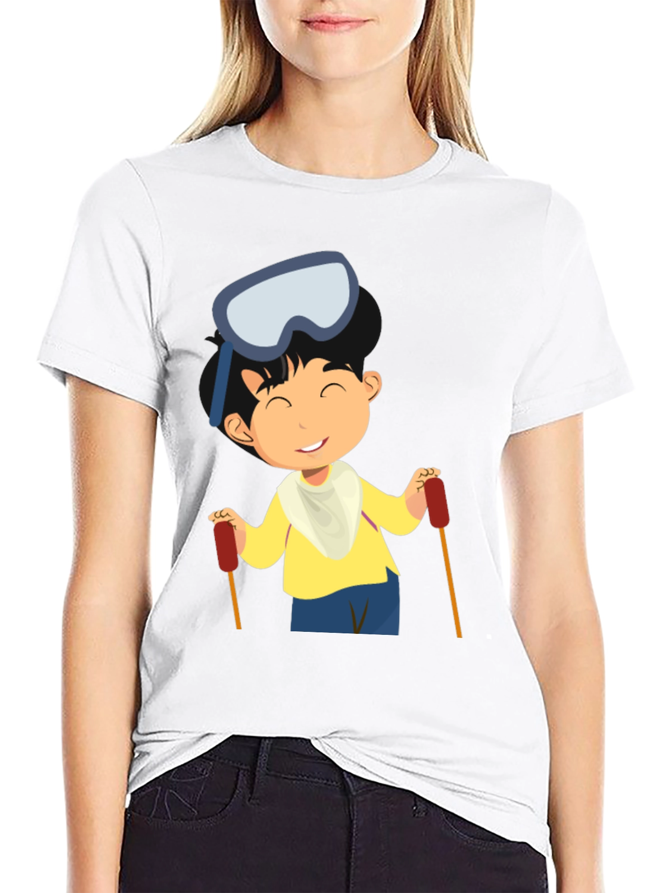 Skiing Boy Graphic Tee - Black Cotton T-Shirt