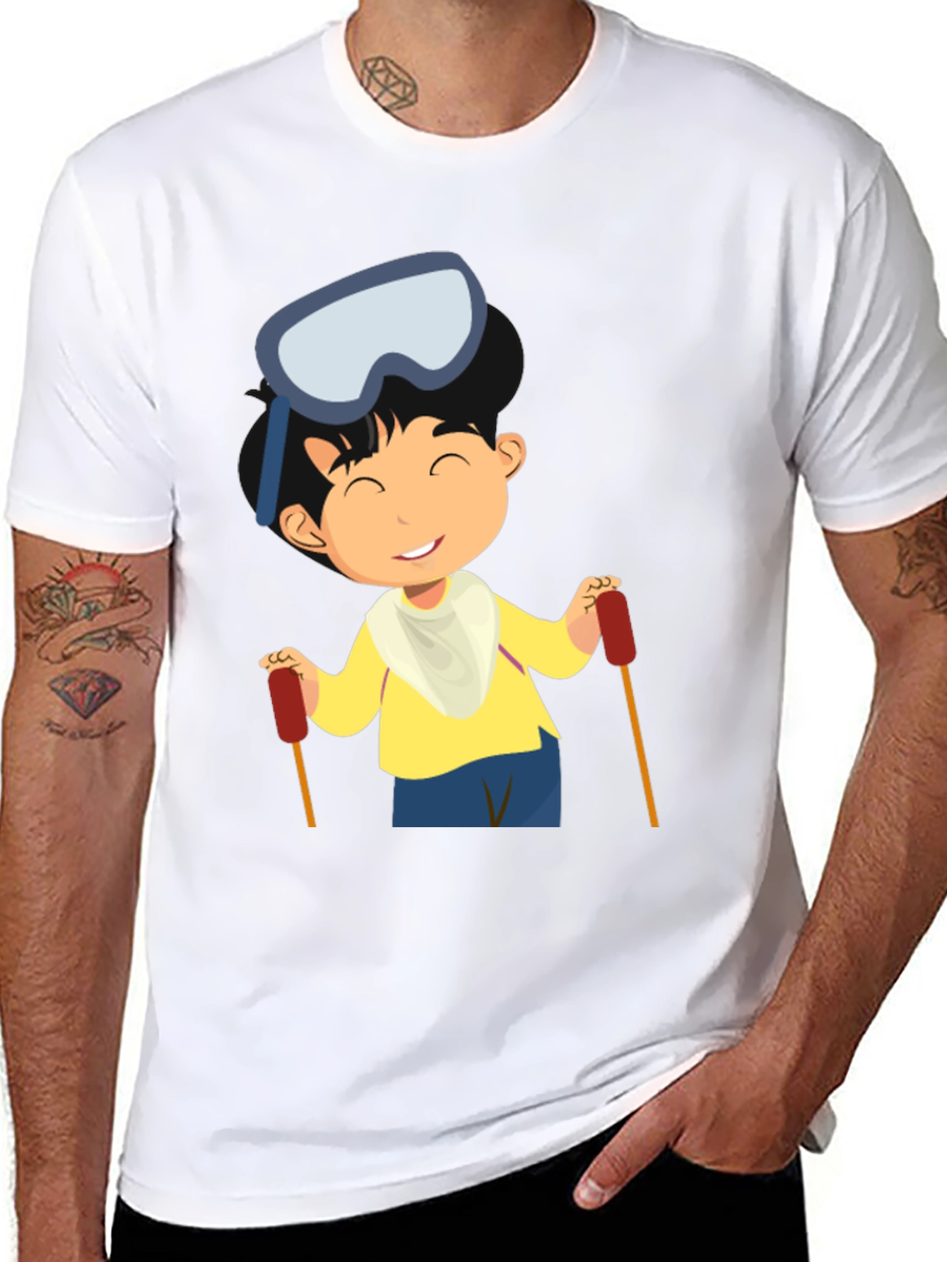 Skiing Boy Graphic Tee - Black Cotton T-Shirt