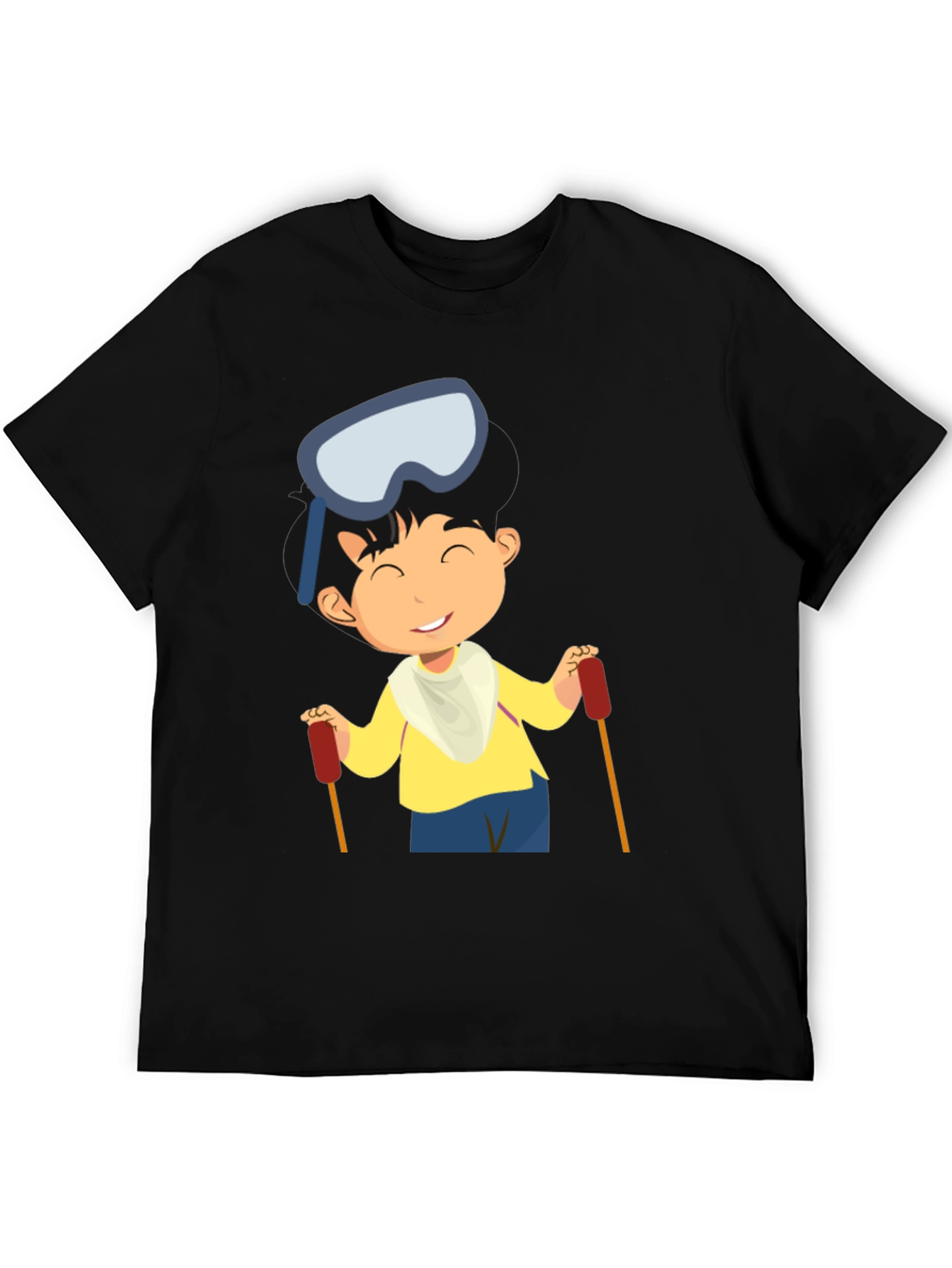 Skiing Boy Graphic Tee - Black Cotton T-Shirt