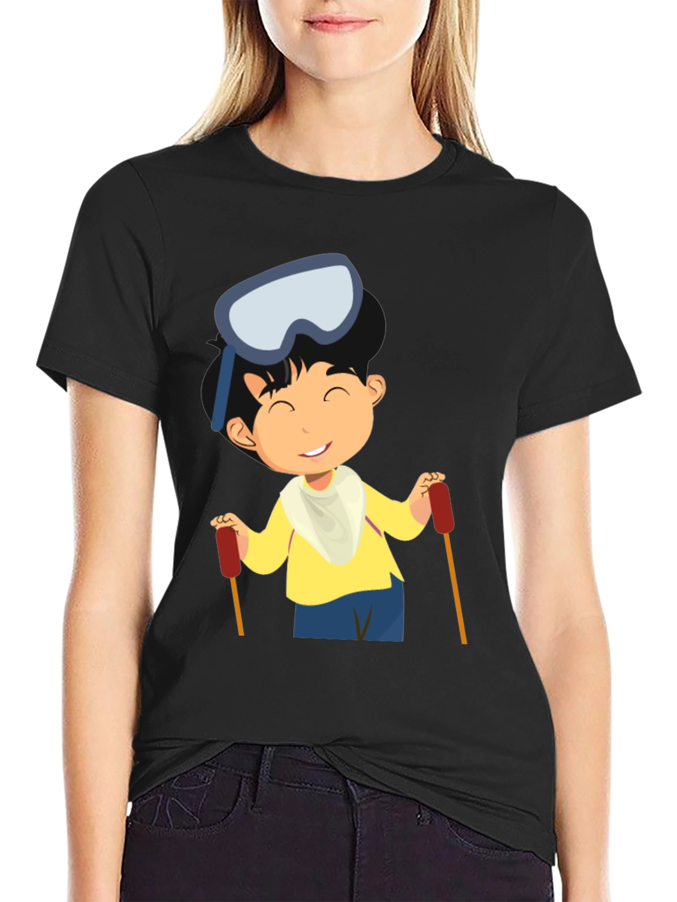 Skiing Boy Graphic Tee - Black Cotton T-Shirt