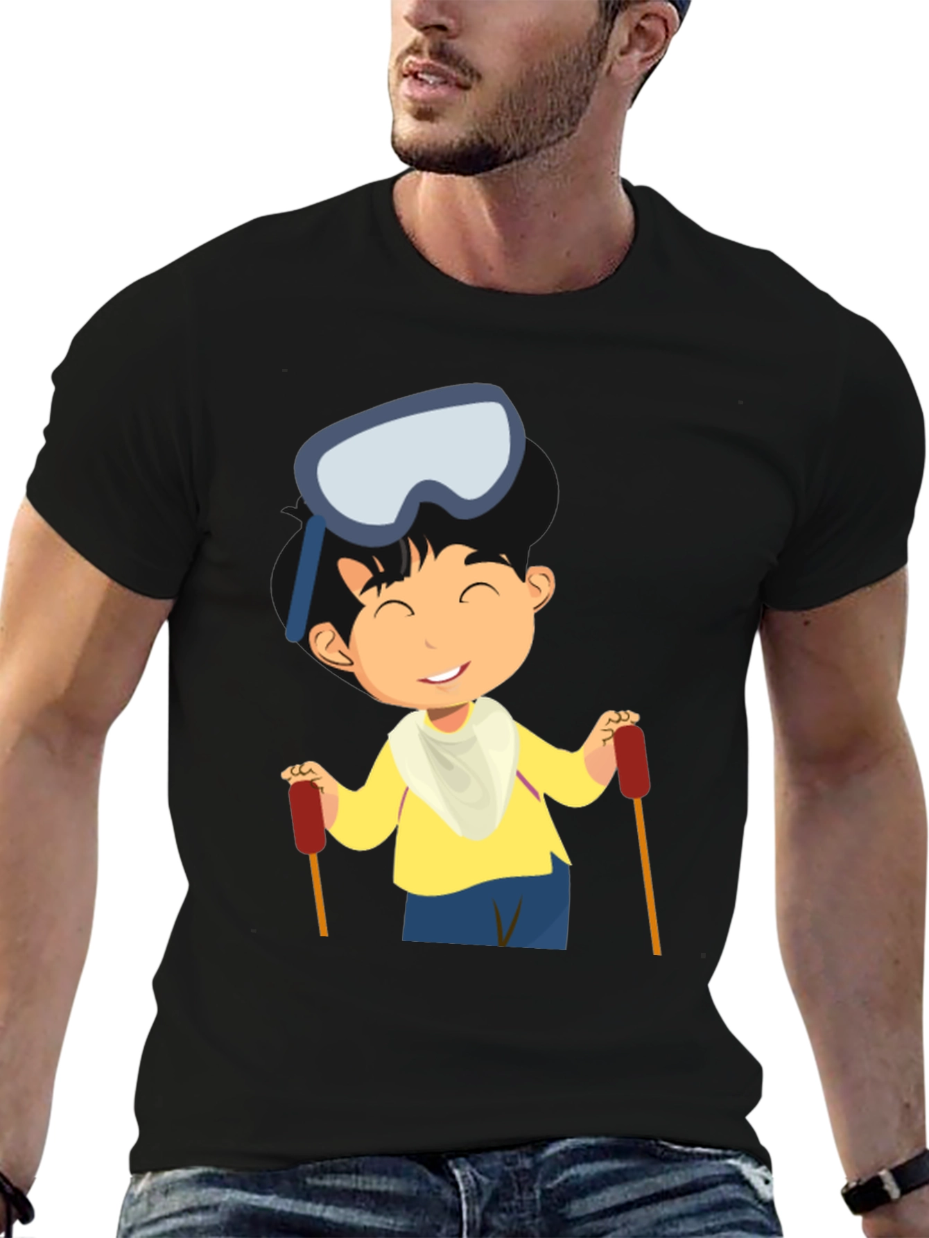 Skiing Boy Graphic Tee - Black Cotton T-Shirt