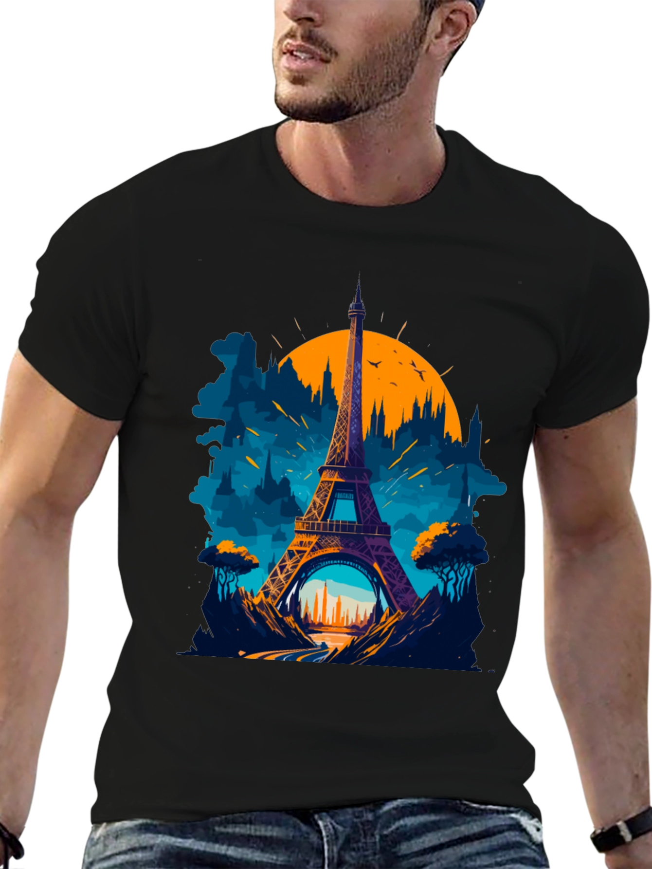 Paris Eiffel Tower Graphic Tee - Black Cotton T-Shirt