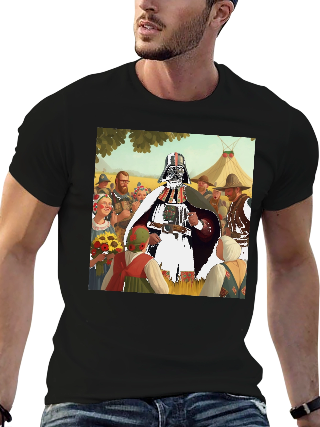 Darth Vader in Traditional Folk Art Black T-Shirt