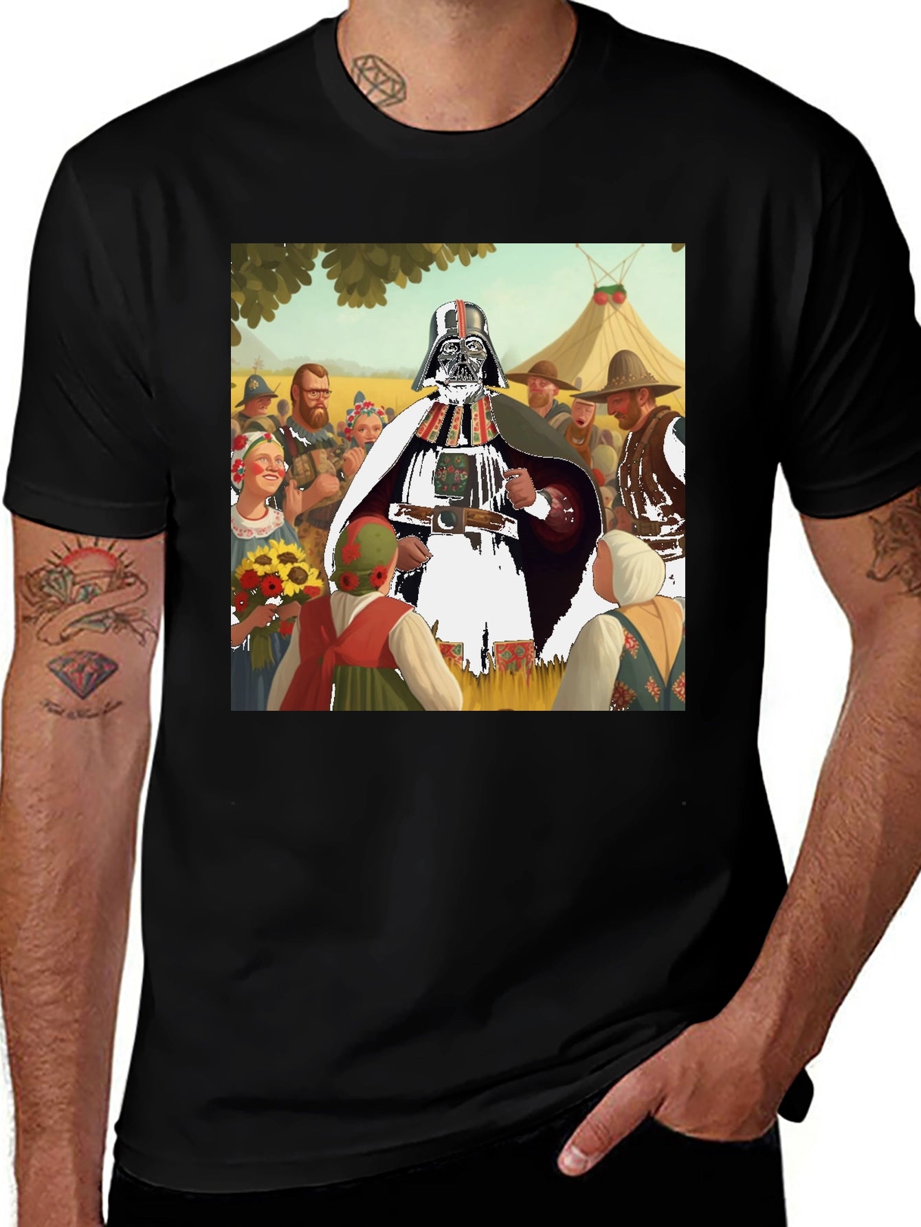 Darth Vader in Traditional Folk Art Black T-Shirt