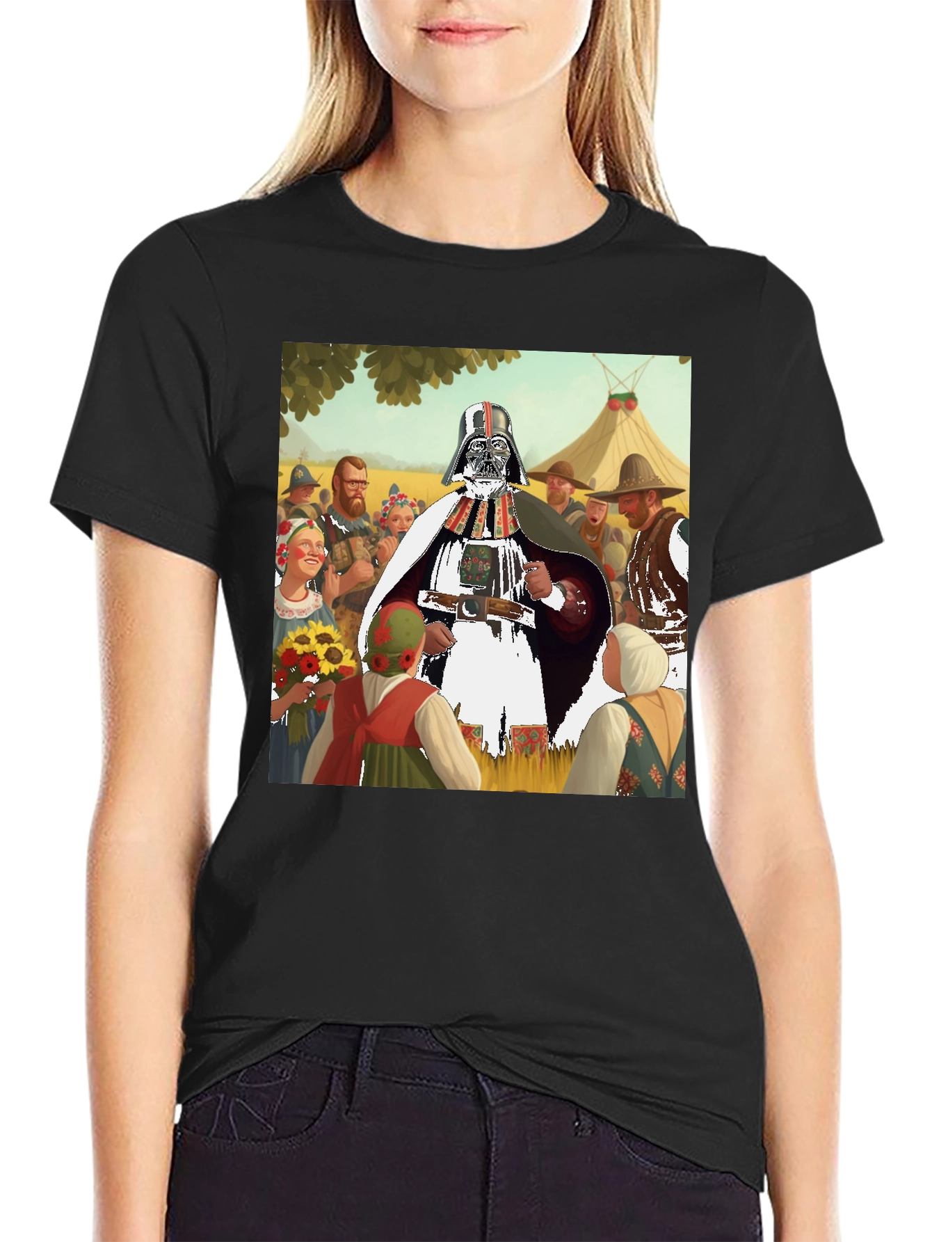 Darth Vader in Traditional Folk Art Black T-Shirt
