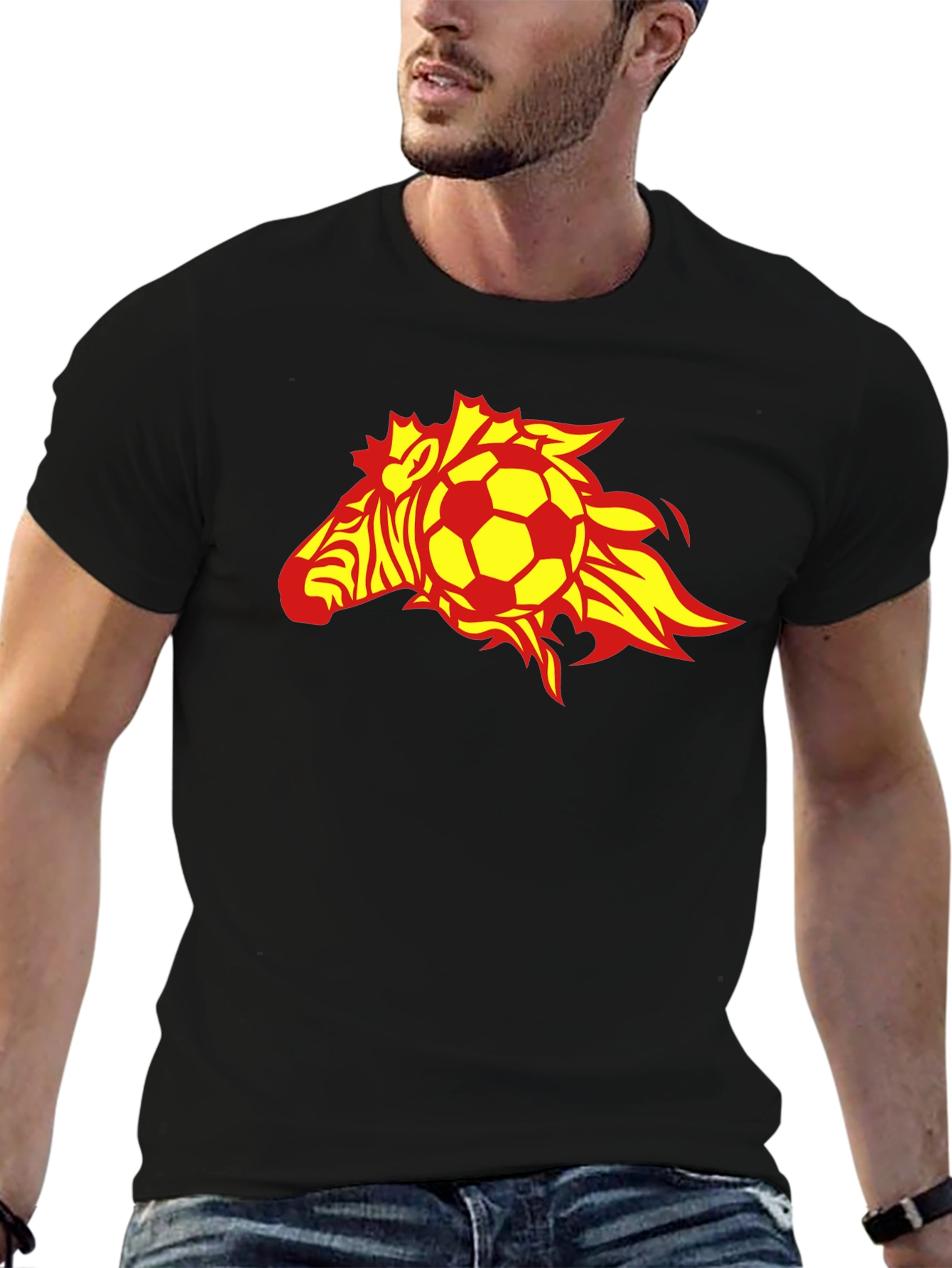 Flaming Zebra Soccer Ball Black T-Shirt