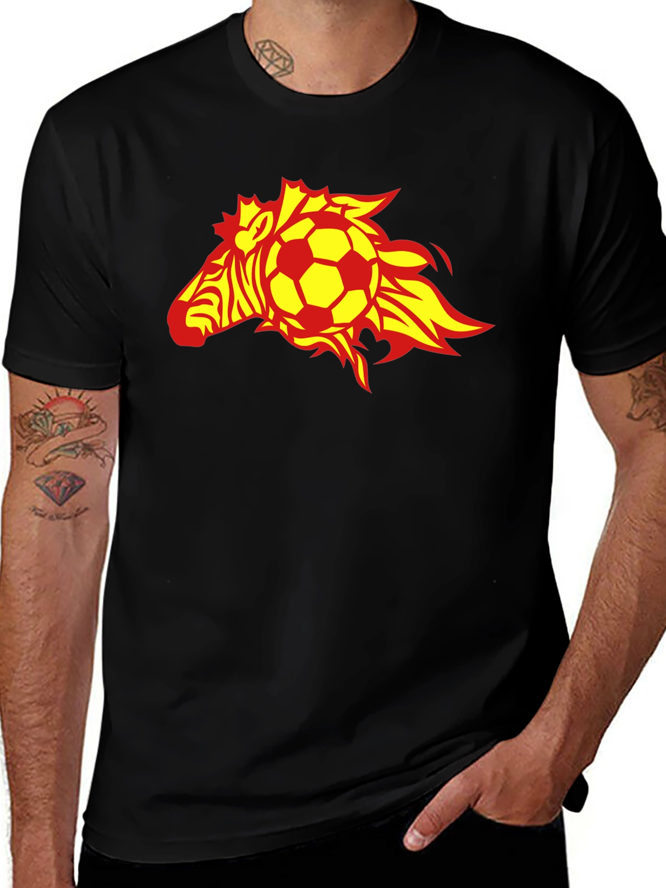 Flaming Zebra Soccer Ball Black T-Shirt