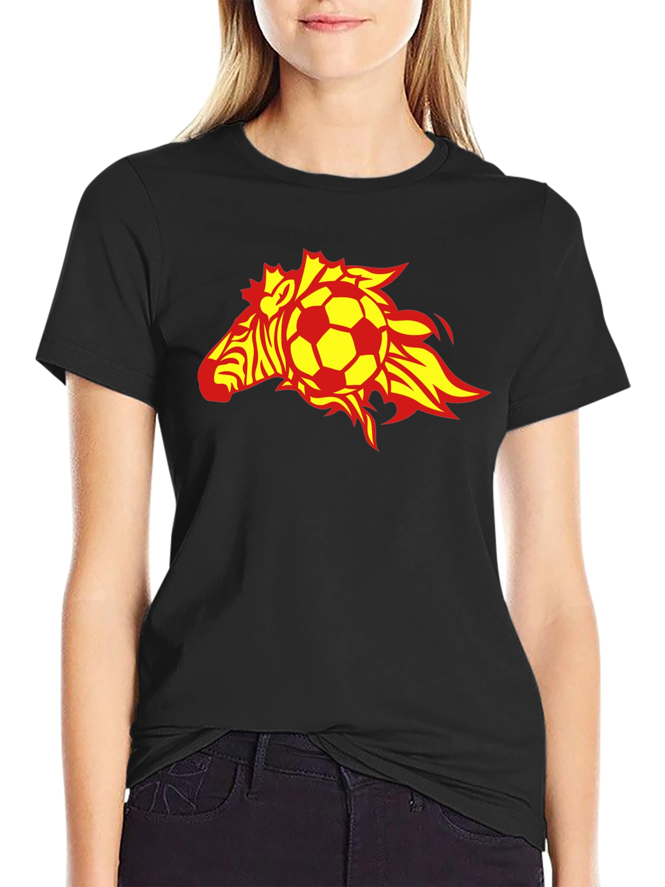 Flaming Zebra Soccer Ball Black T-Shirt