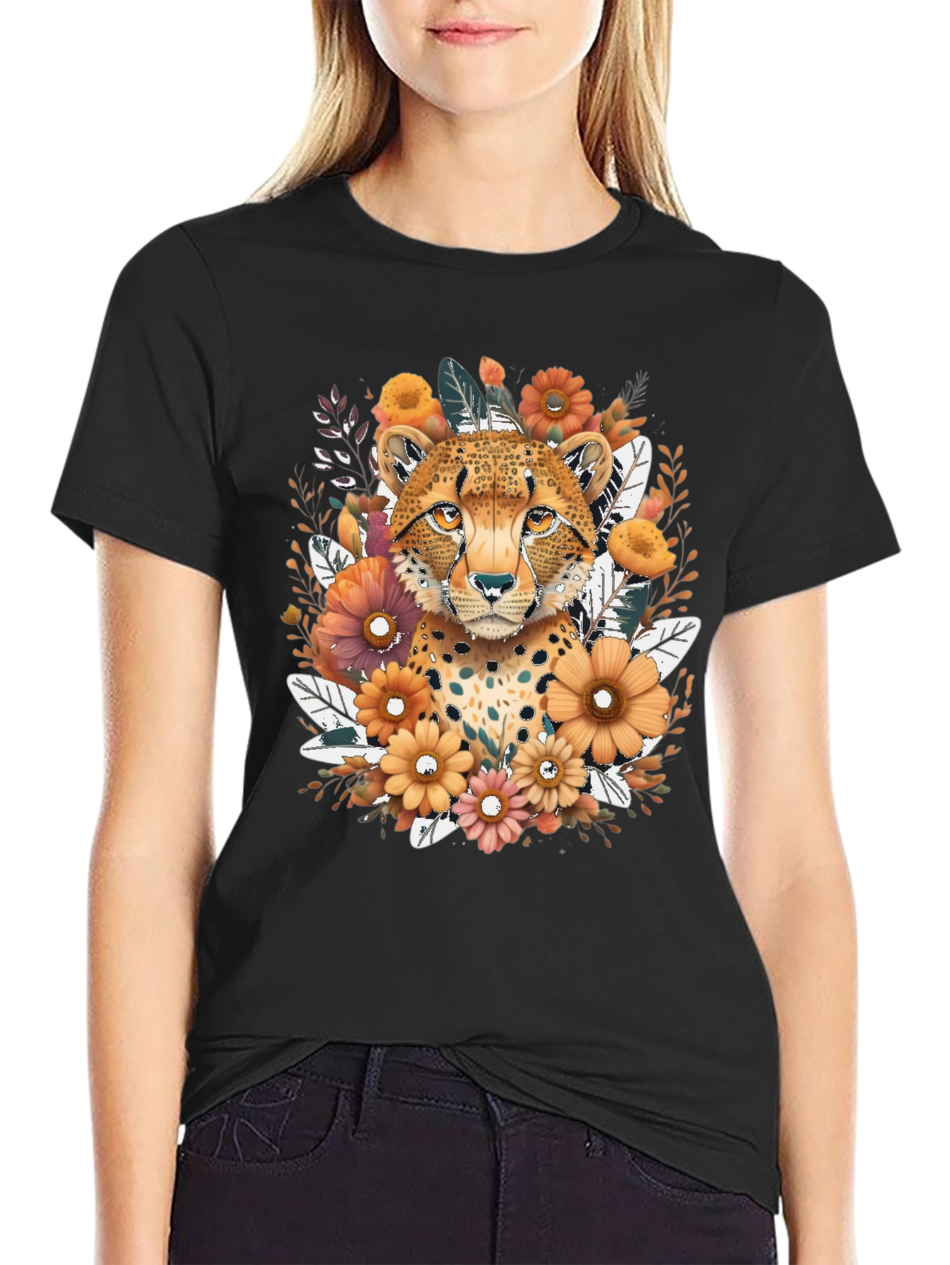 Cheetah Floral Graphic Tee - Black