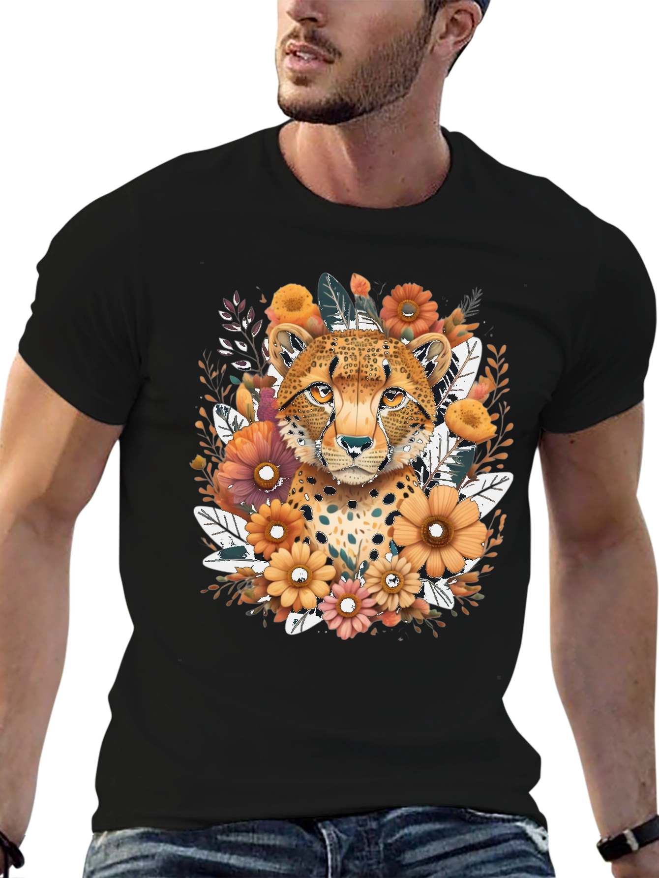 Cheetah Floral Graphic Tee - Black