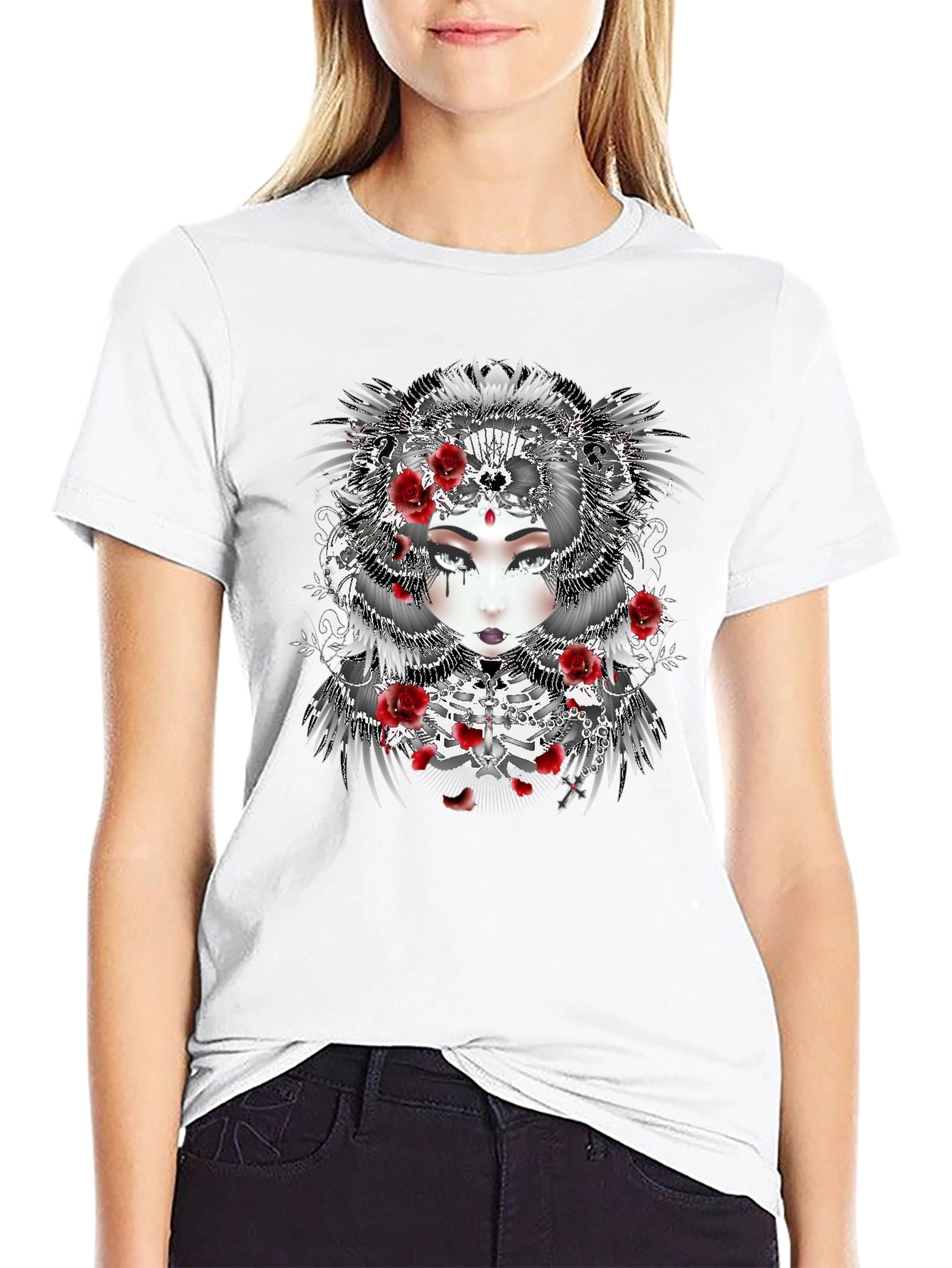 Gothic Floral Woman Black T-Shirt