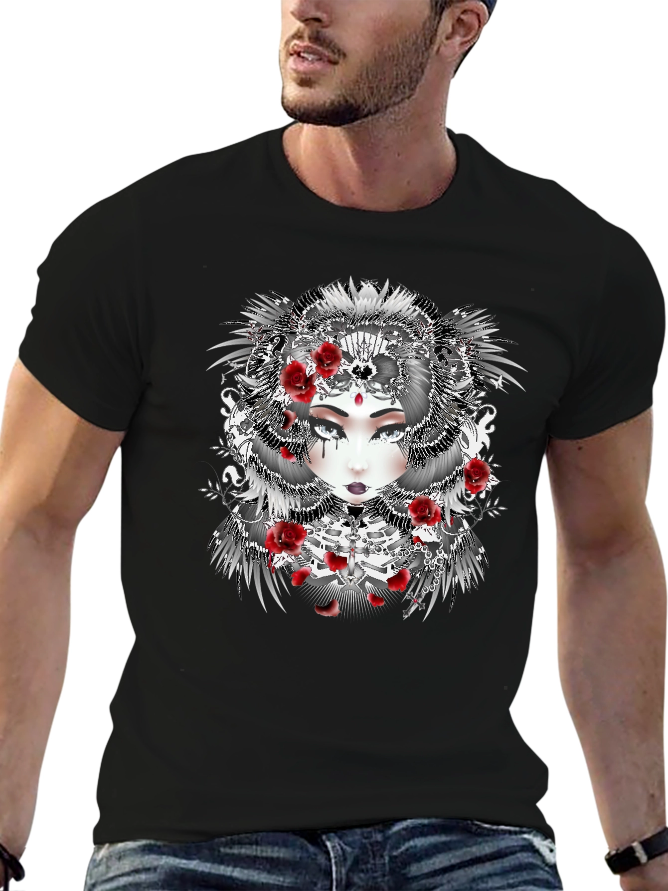 Gothic Floral Woman Black T-Shirt