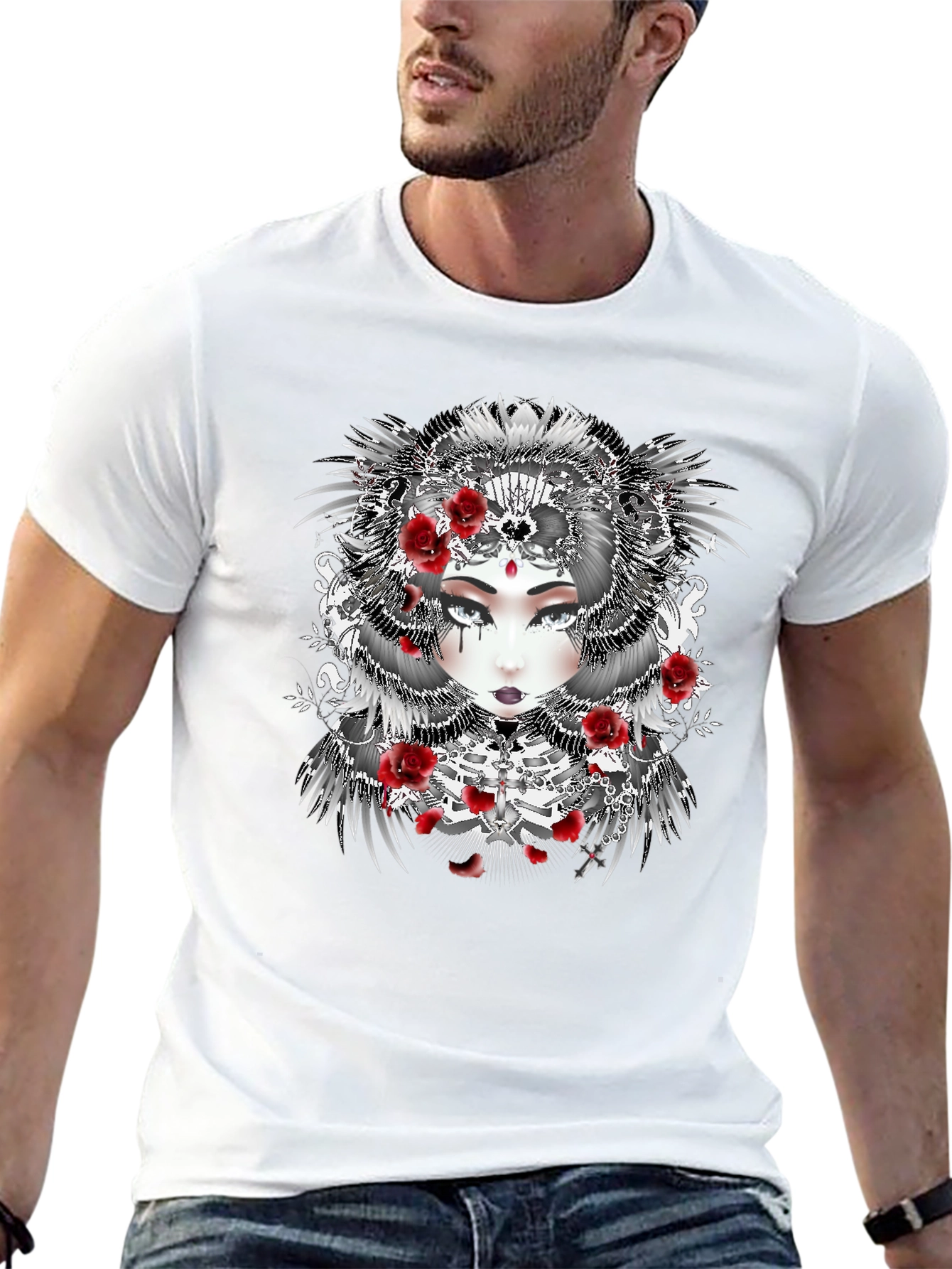 Gothic Floral Woman Black T-Shirt