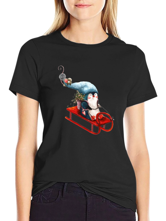 Penguin Sleigh Ride T-Shirt - Whimsical Black Tee