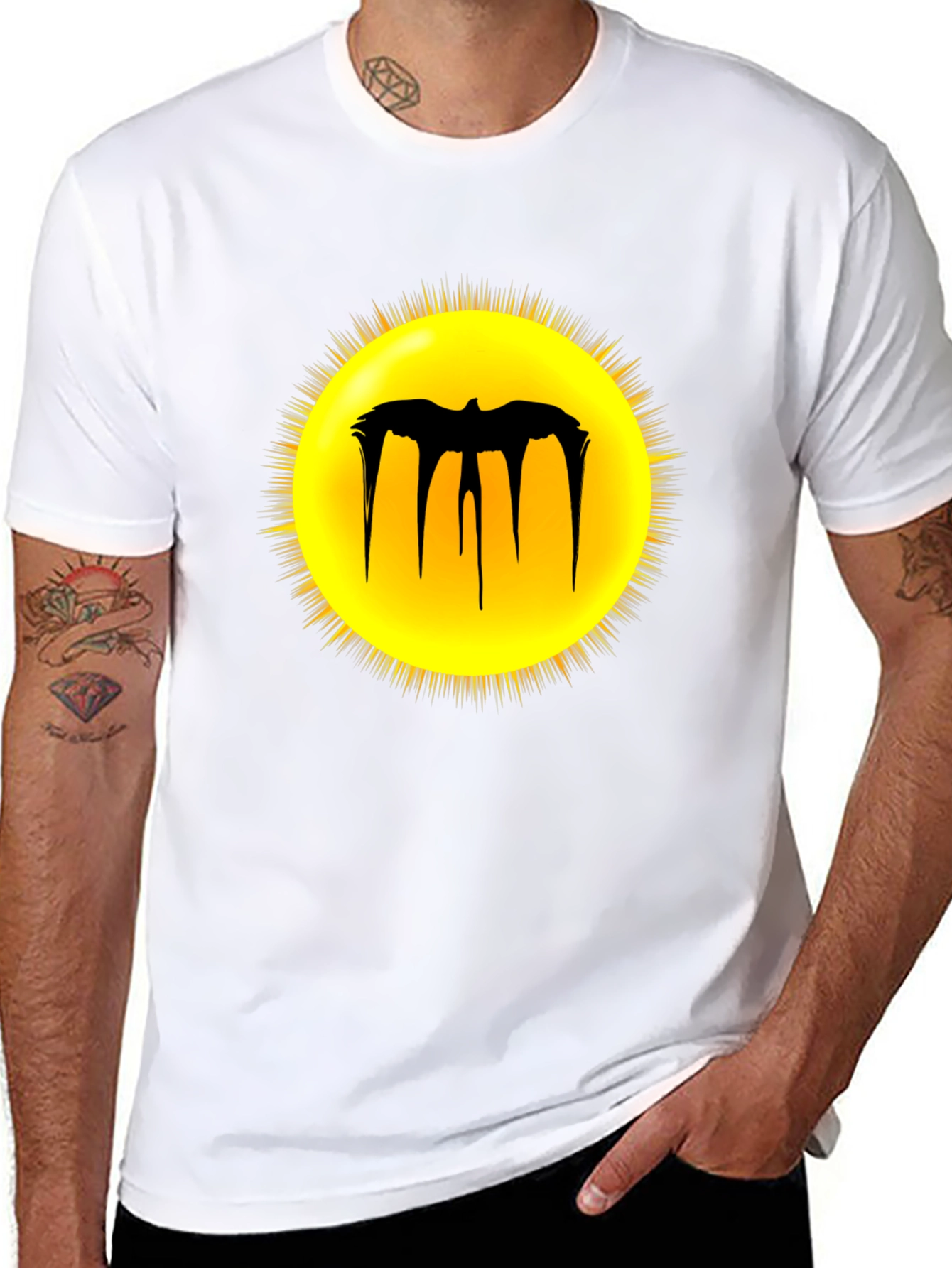 Black Graphic Tee - Melting Bat Sun Design