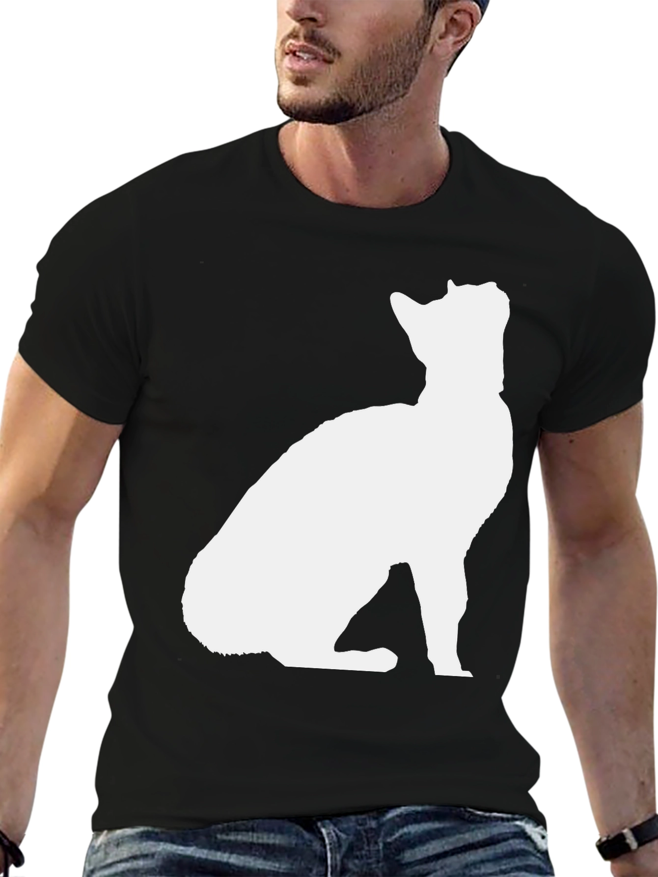 Cat Silhouette Graphic Tee - Black Cotton Blend Shirt