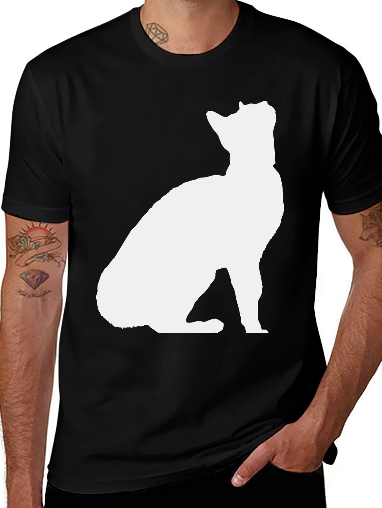 Cat Silhouette Graphic Tee - Black Cotton Blend Shirt