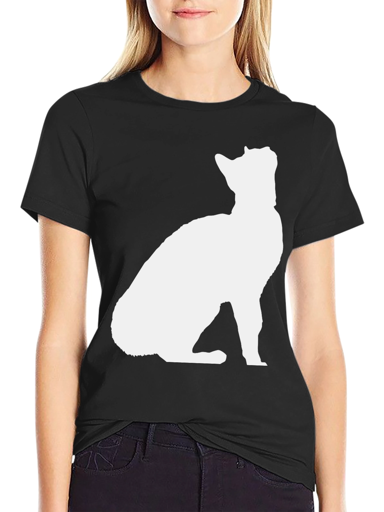 Cat Silhouette Graphic Tee - Black Cotton Blend Shirt