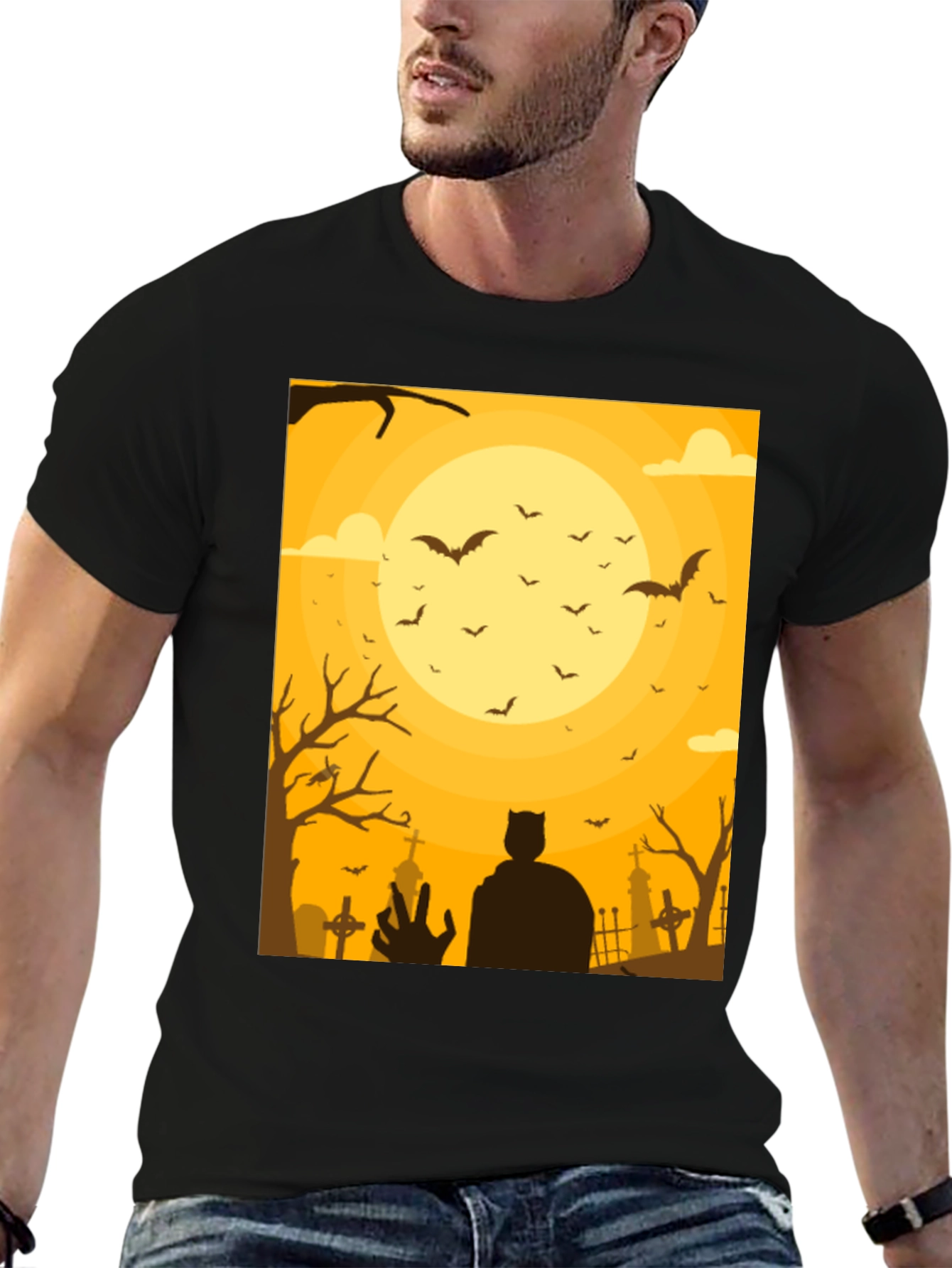 Halloween Bats & Cemetery Silhouette Graphic Tee