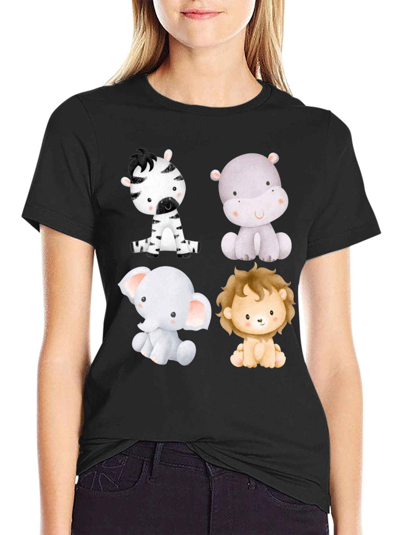 Cute Animal Print T-Shirt - Zebra Hippo Elephant Lion
