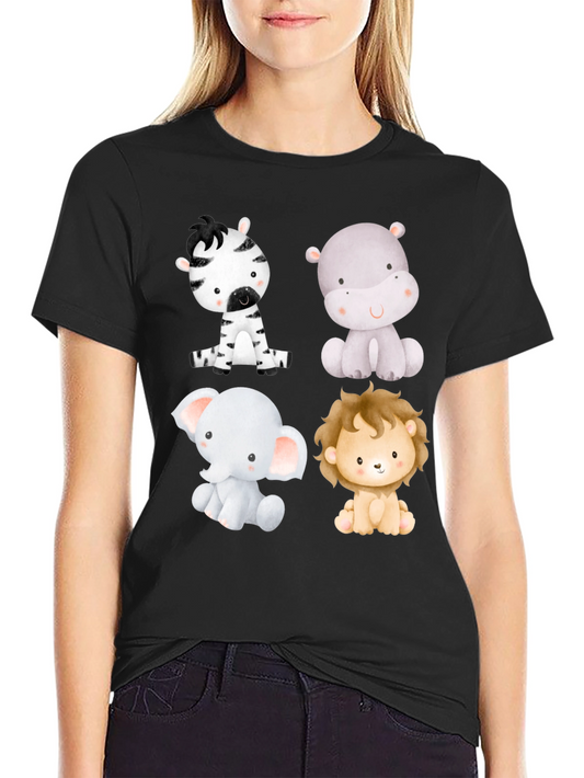 Cute Animal Print T-Shirt - Zebra Hippo Elephant Lion