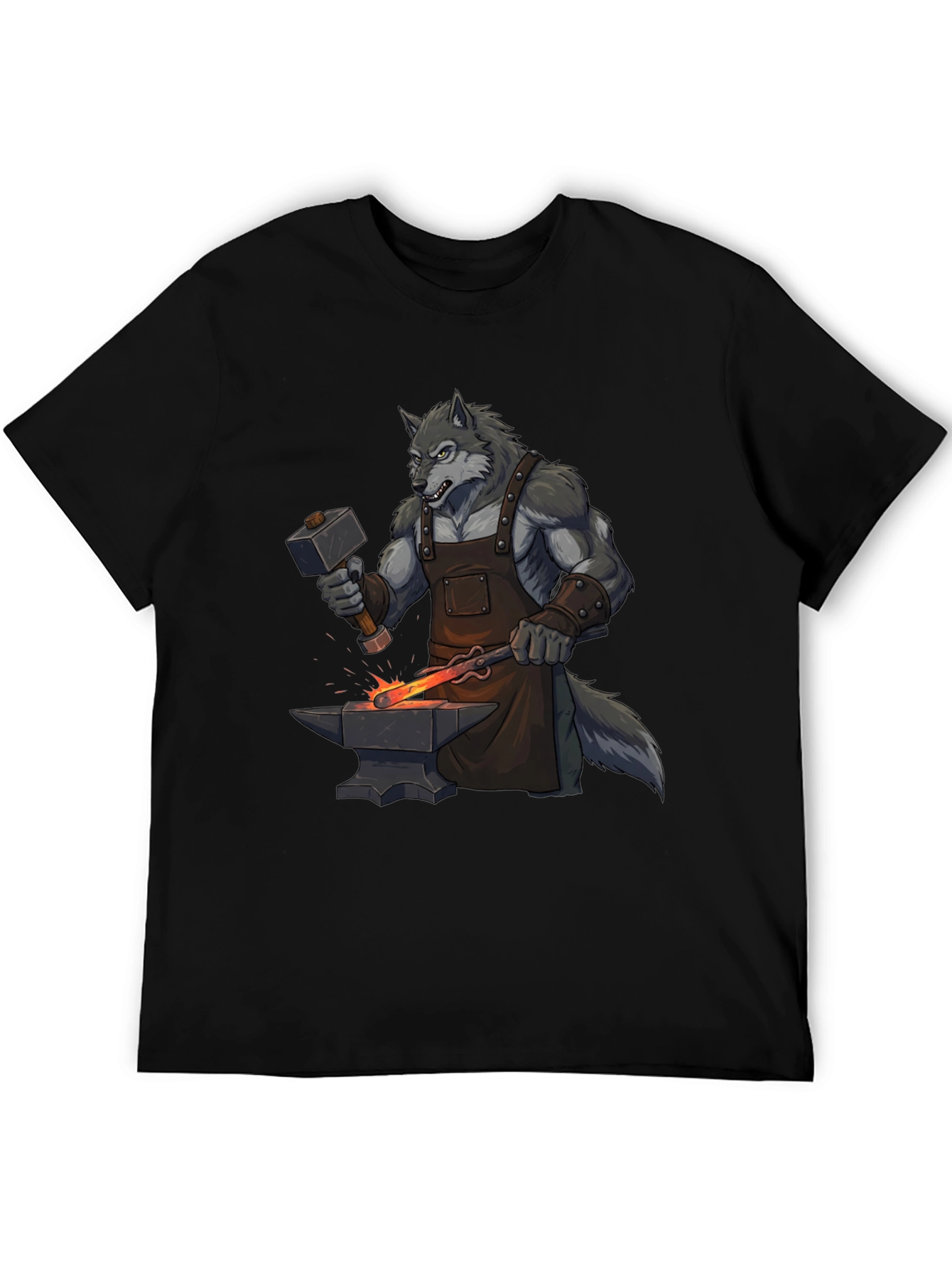 Black T-Shirt with Wolf Blacksmith Design