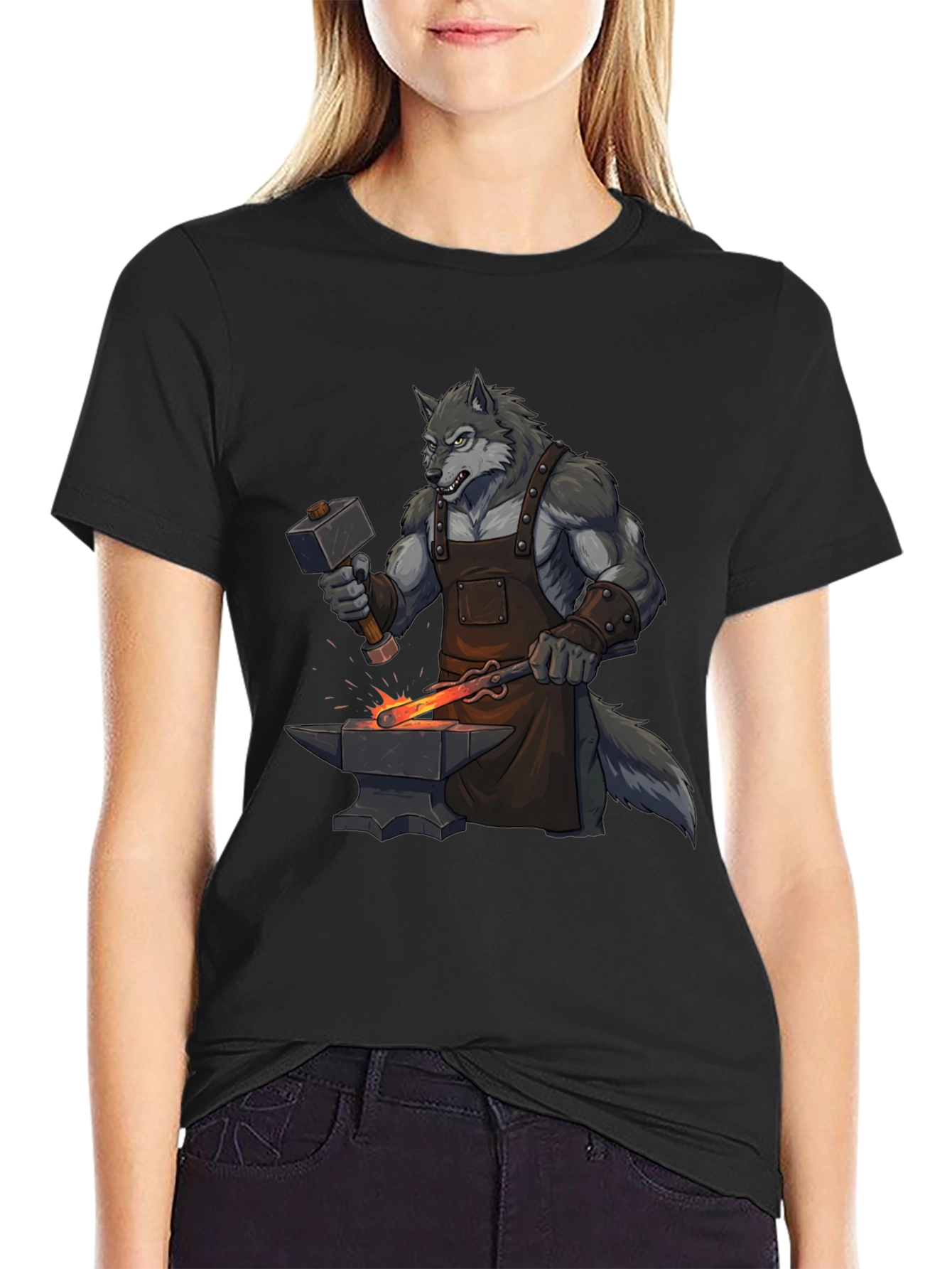 Black T-Shirt with Wolf Blacksmith Design