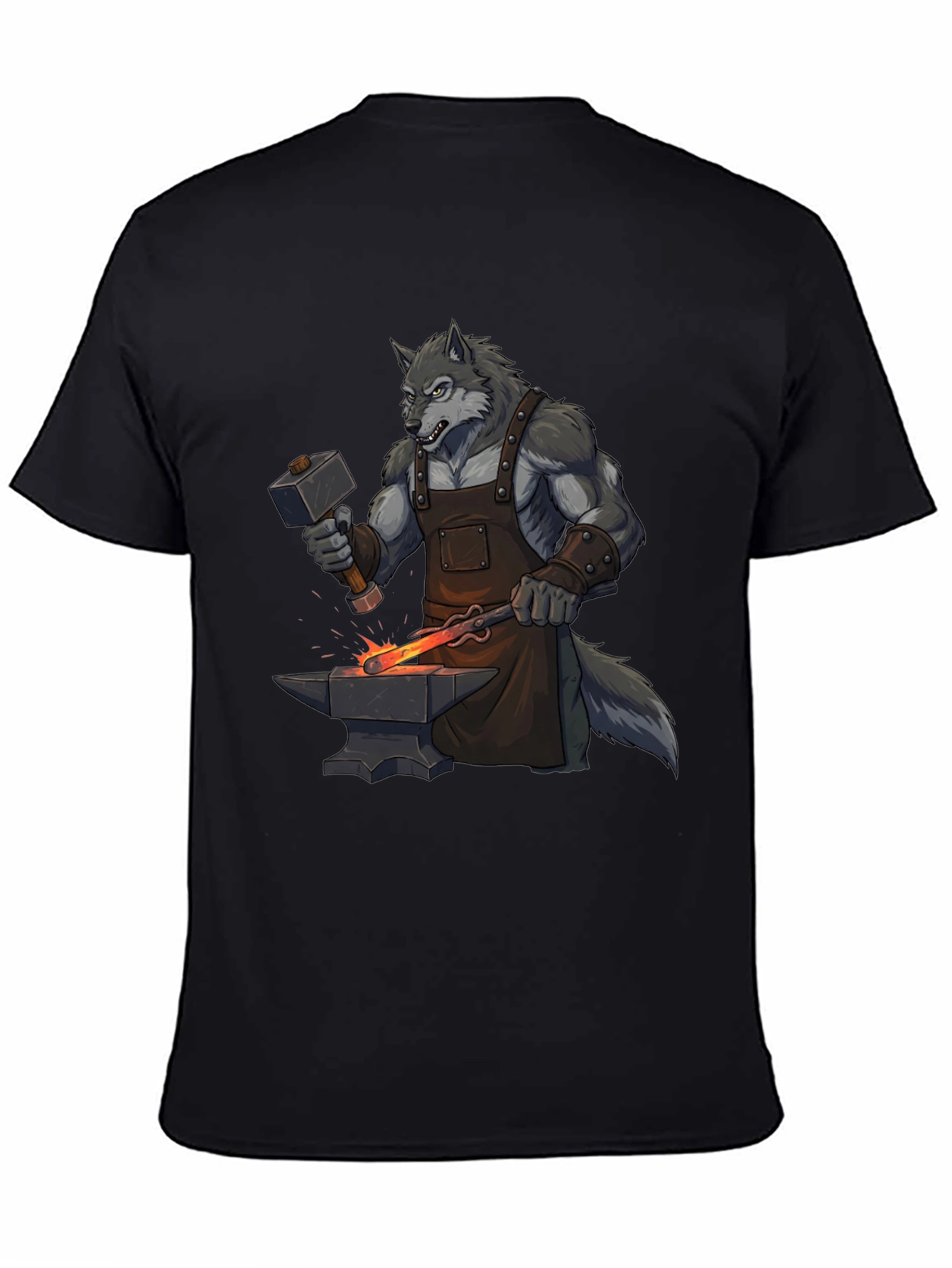 Black T-Shirt with Wolf Blacksmith Design