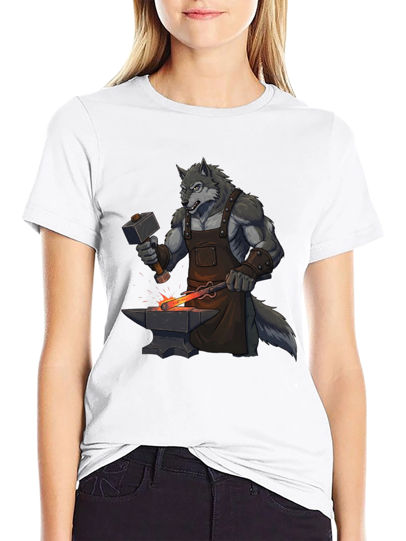 Black T-Shirt with Wolf Blacksmith Design