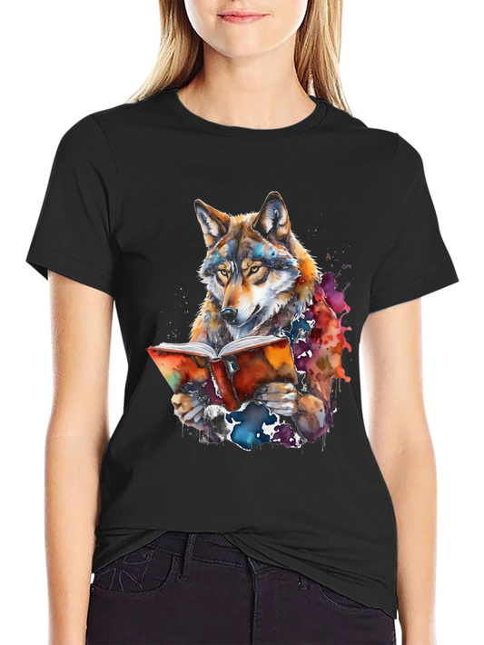 Wolf Reading Book Graphic Tee - Unique Colorful Design