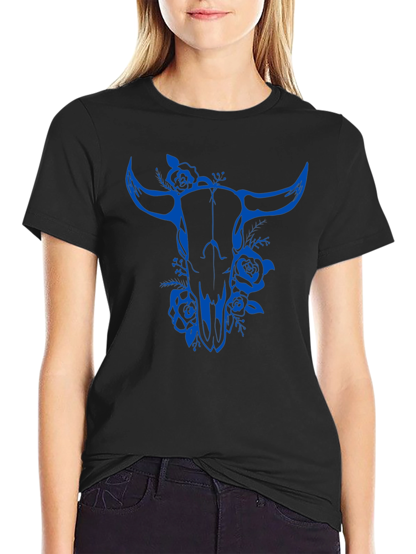 Bull Skull Floral Graphic Tee - Black