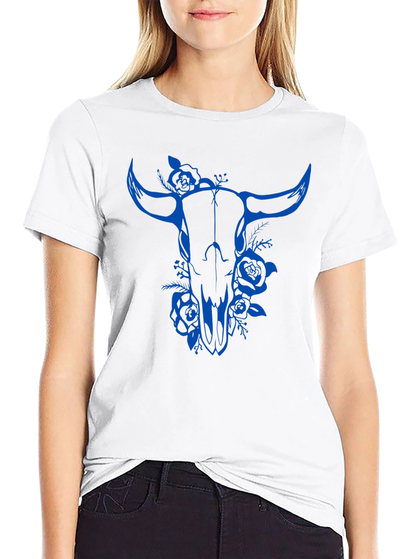 Bull Skull Floral Graphic Tee - Black