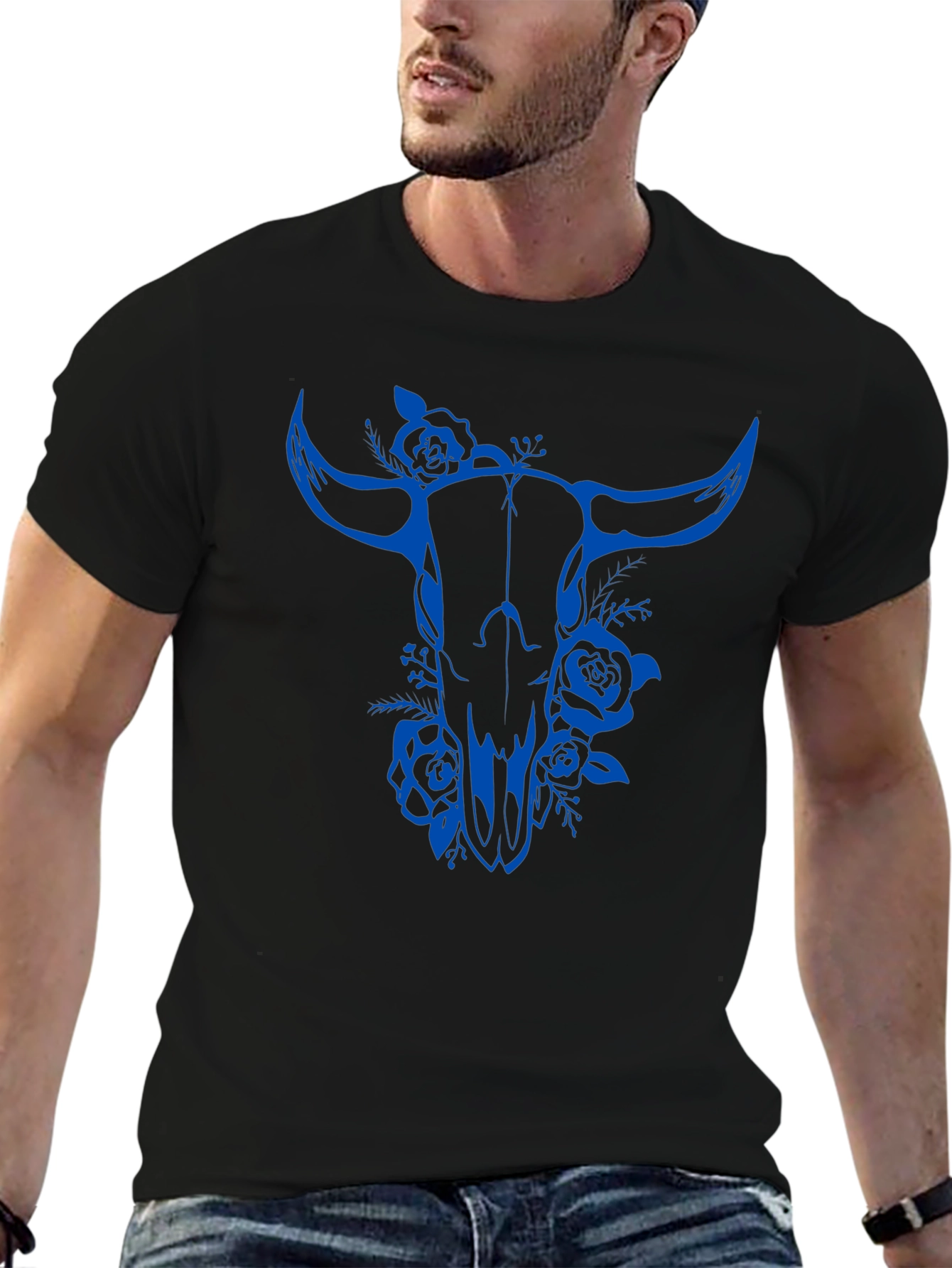 Bull Skull Floral Graphic Tee - Black