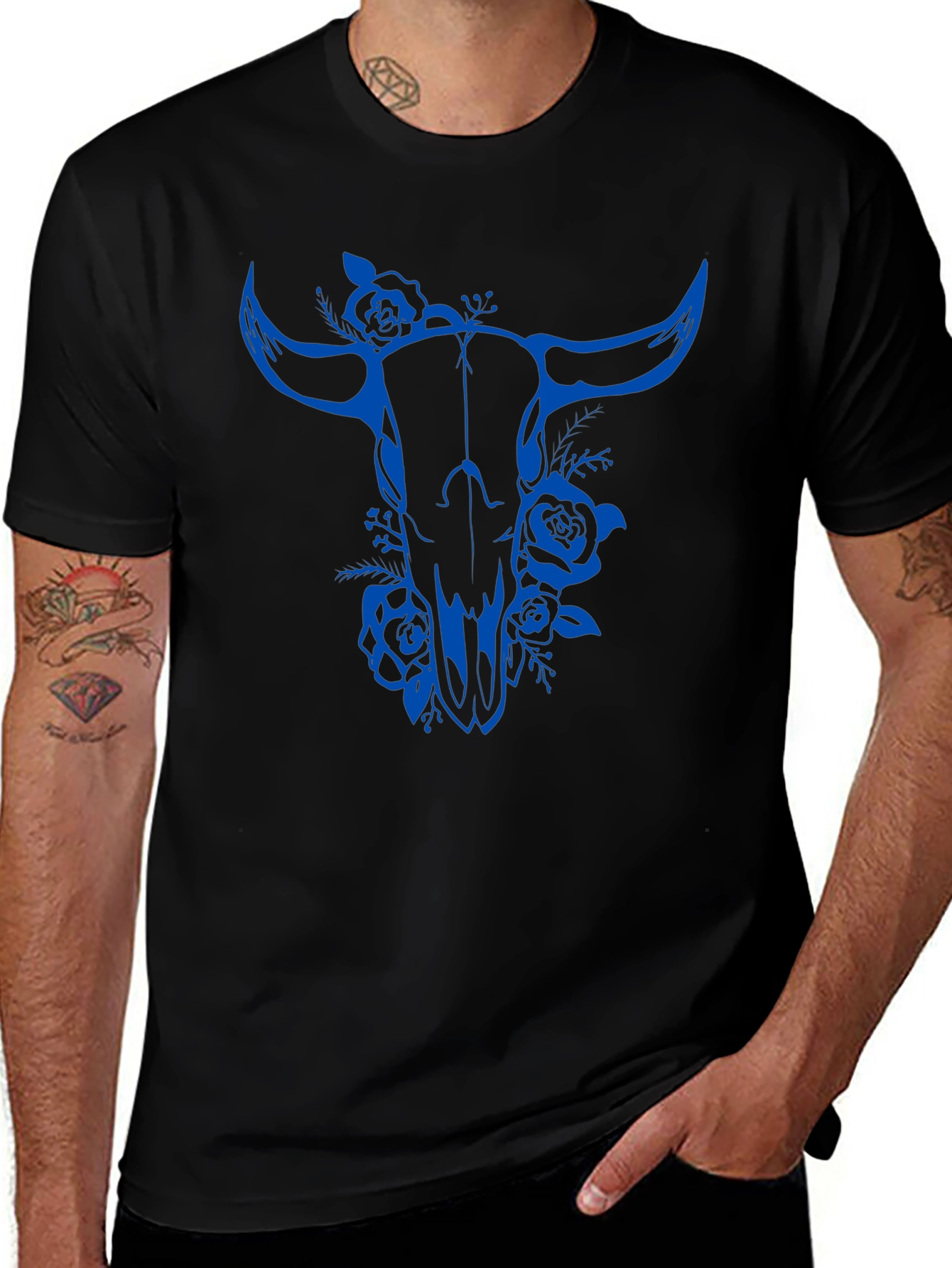 Bull Skull Floral Graphic Tee - Black