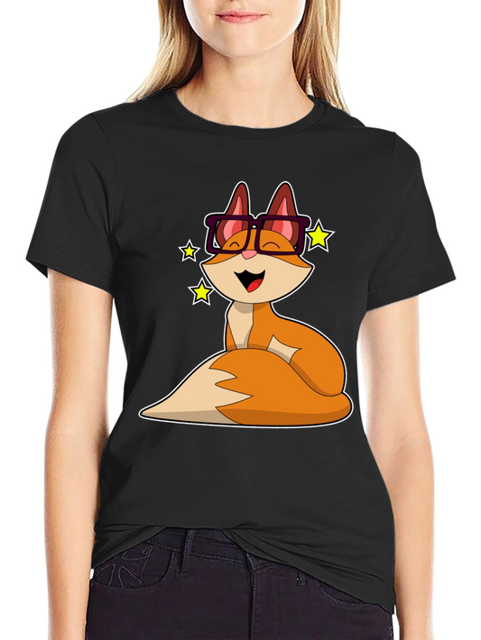 Cartoon Fox in Glasses Graphic Tee - Unisex Black T-Shirt