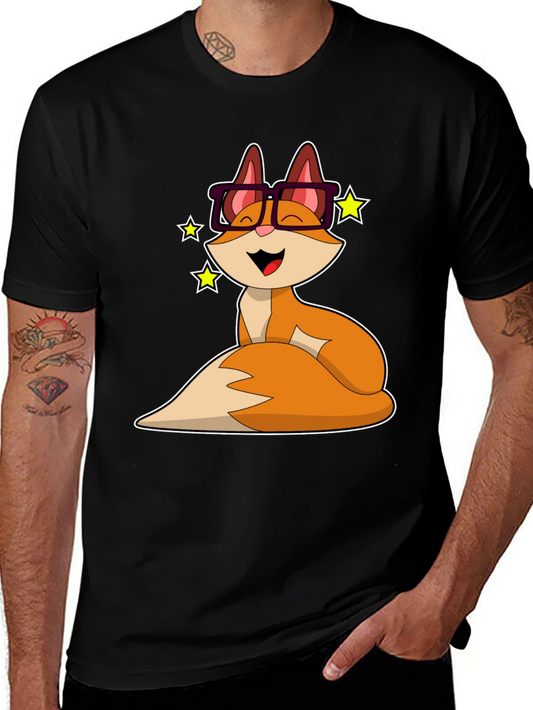 Cartoon Fox in Glasses Graphic Tee - Unisex Black T-Shirt
