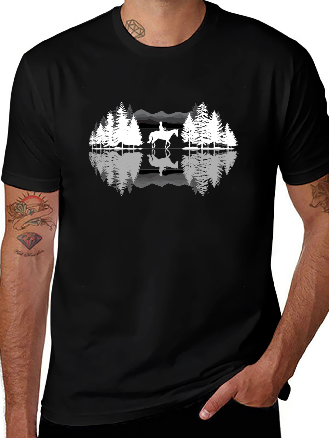 Nature Horse Riding Graphic Black T-Shirt