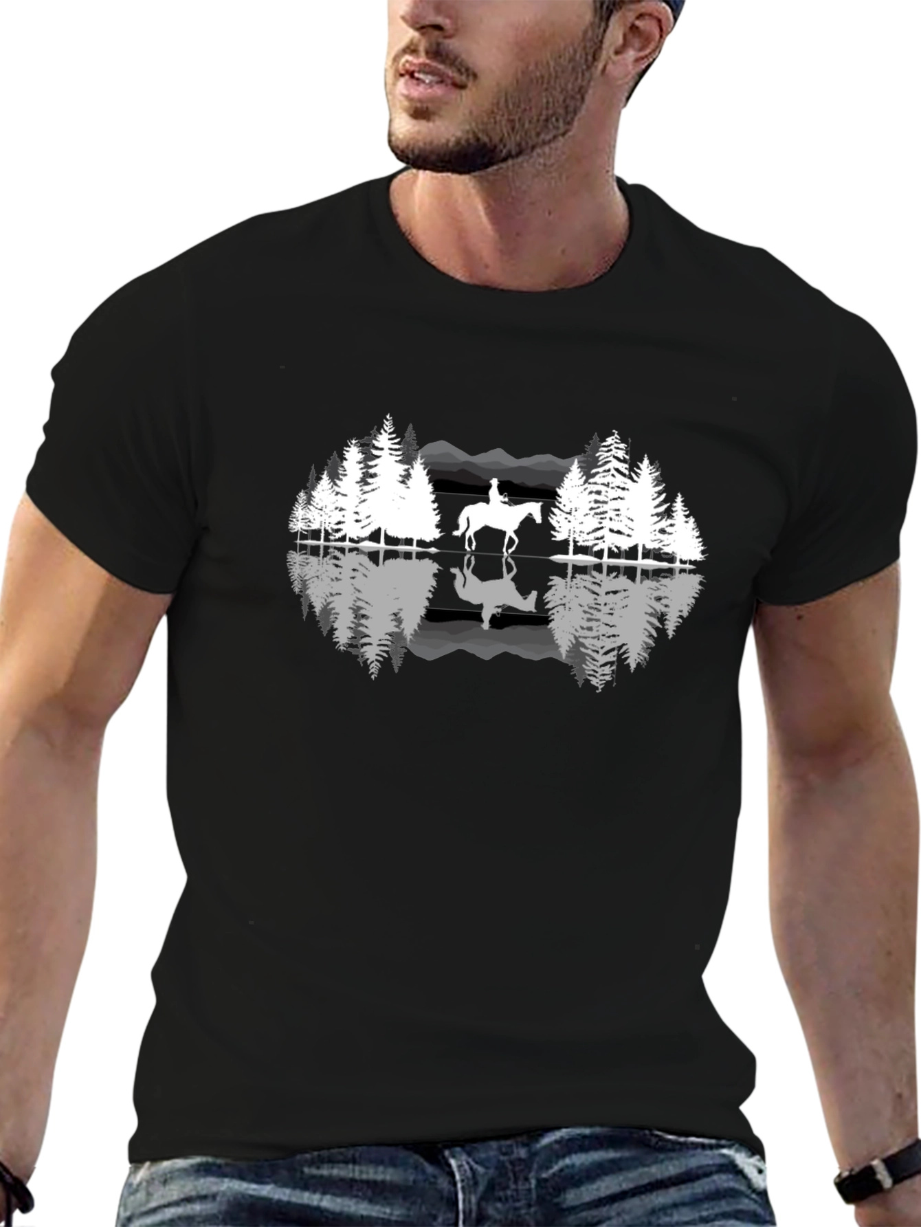 Nature Horse Riding Graphic Black T-Shirt